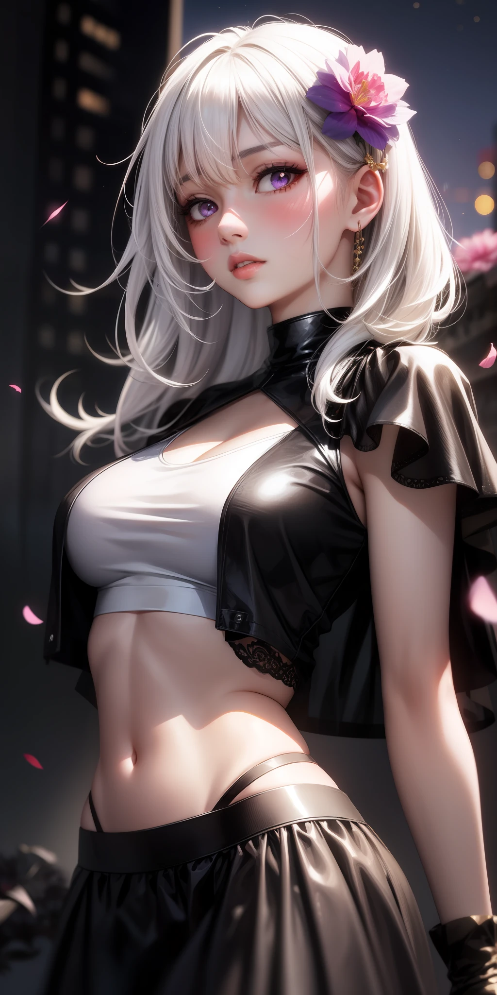 realistic, 1girl, white hair, purple eyes, glowing eyes, crop top, skirt, parted lips, blush, night, flowers, sun, sunlight,