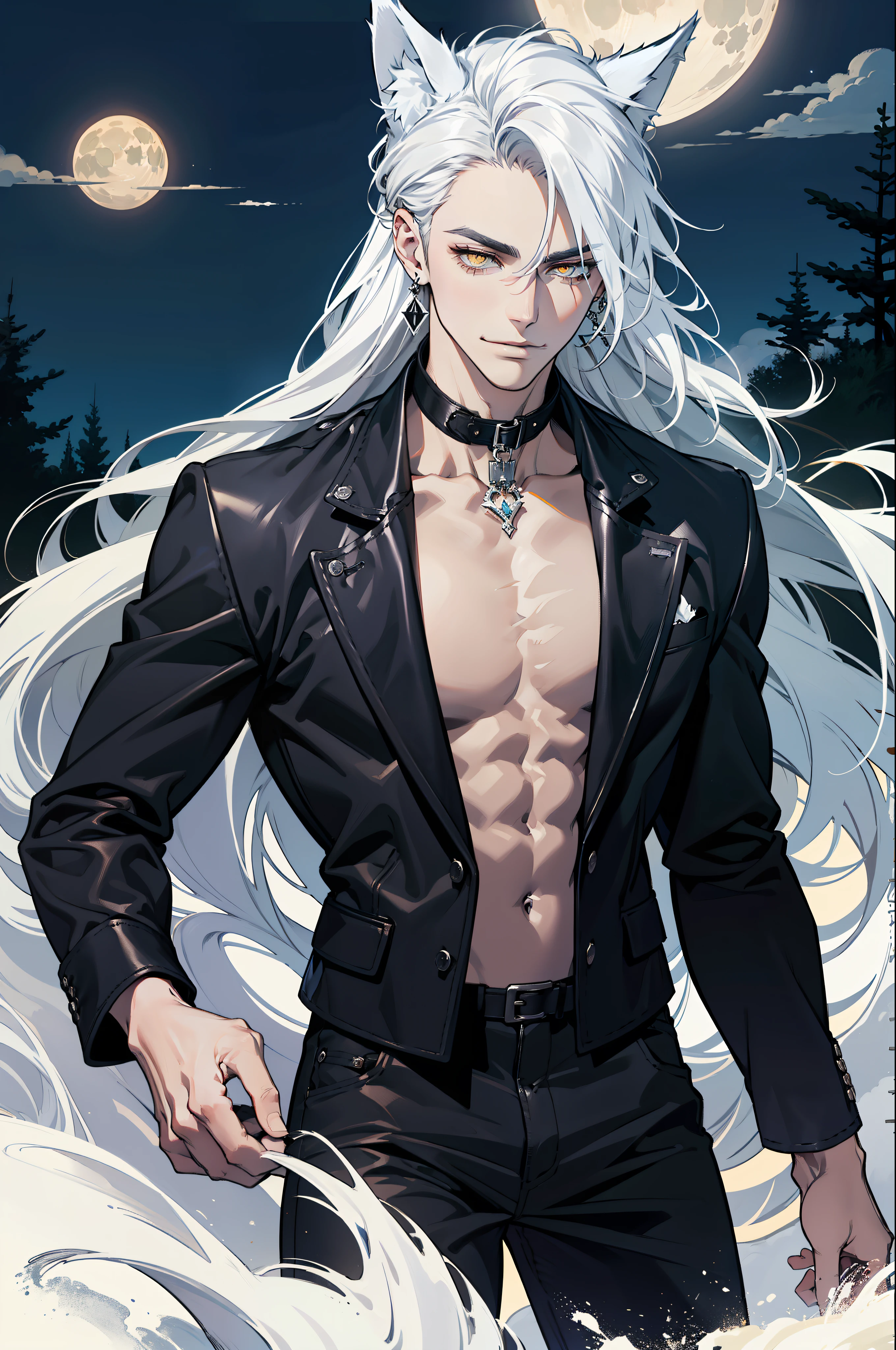 (absurdres, highres, ultra detailed), 1man, 30 years old man, adult man, handsome, tall,, finely detailed eyes and detailed face, black leather pants, no shirt, open chest, night, smile, dutch angle, ((very long hair,  white hair)), (((wolf ears))), wolf white tail, moon, forest, black horns in his head, silver details, earrings, black chocker, gothic, dark, black simple dress, looking at the view, pale skin, yellow detailed eyes, eyeliner, dog collar, (((open chest))), leather jacket, (masculine), sexy, smirk