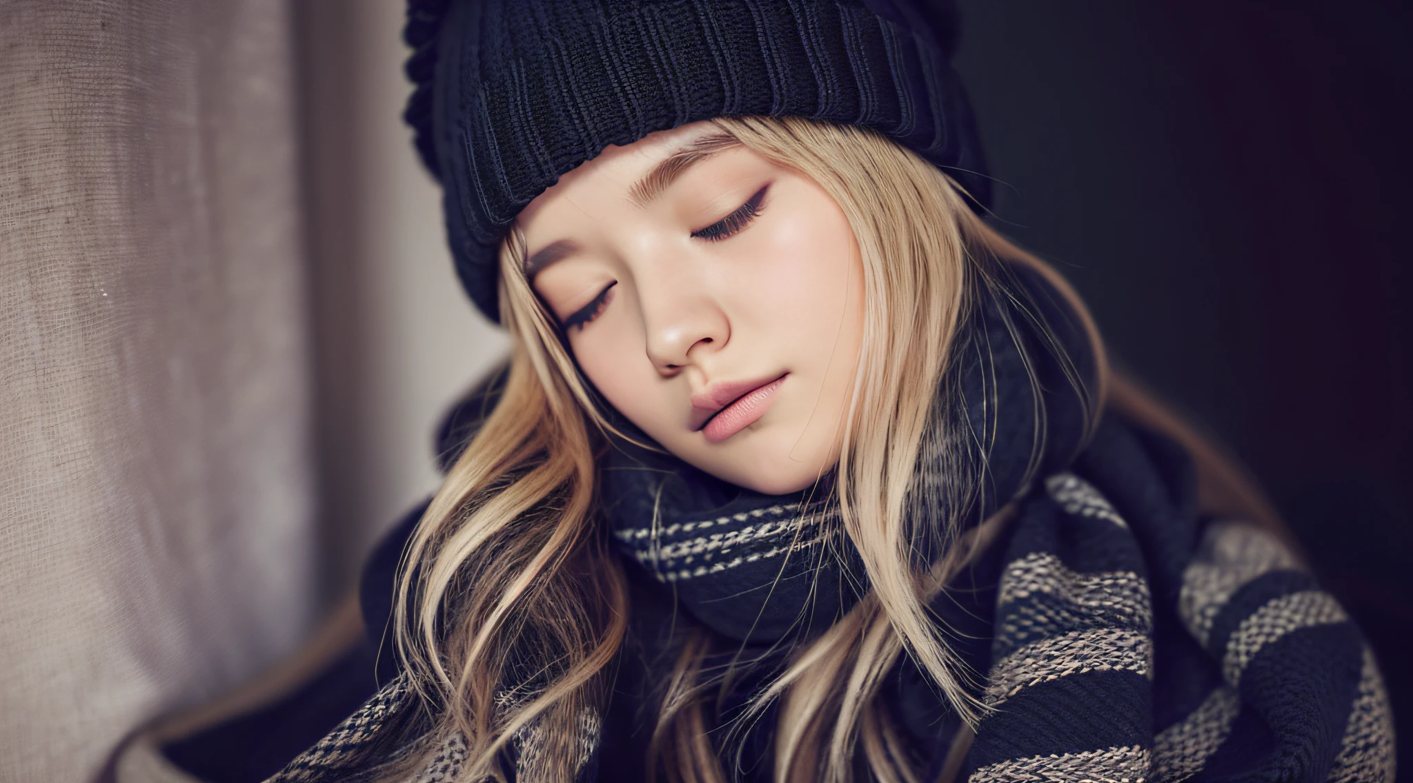 GIRL BLONDE CHILD with long hair TRANCE wearing a scarf and a hat, sleepy fashion model face, sleepy, sleepy expression, Marisa Kirisame, wearing cute BLACK scarf, prettier, sleeping, sick with a cold, Lalisa Manobal, Misa Amane*, very tired woman, sleeping, Takeyuki Kanda, Lalisa Manoban of blackpink