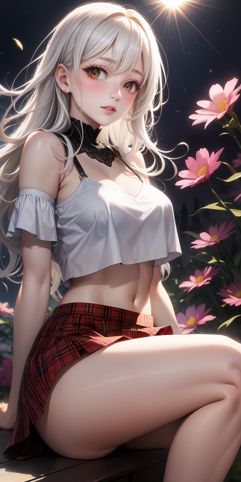 realistic, white hair, red eyes, big thighs, bright eyes, cropped top, short skirt, half-open lips, soft blush, starry night, colorful flowers, bright sun, soft sunlight.