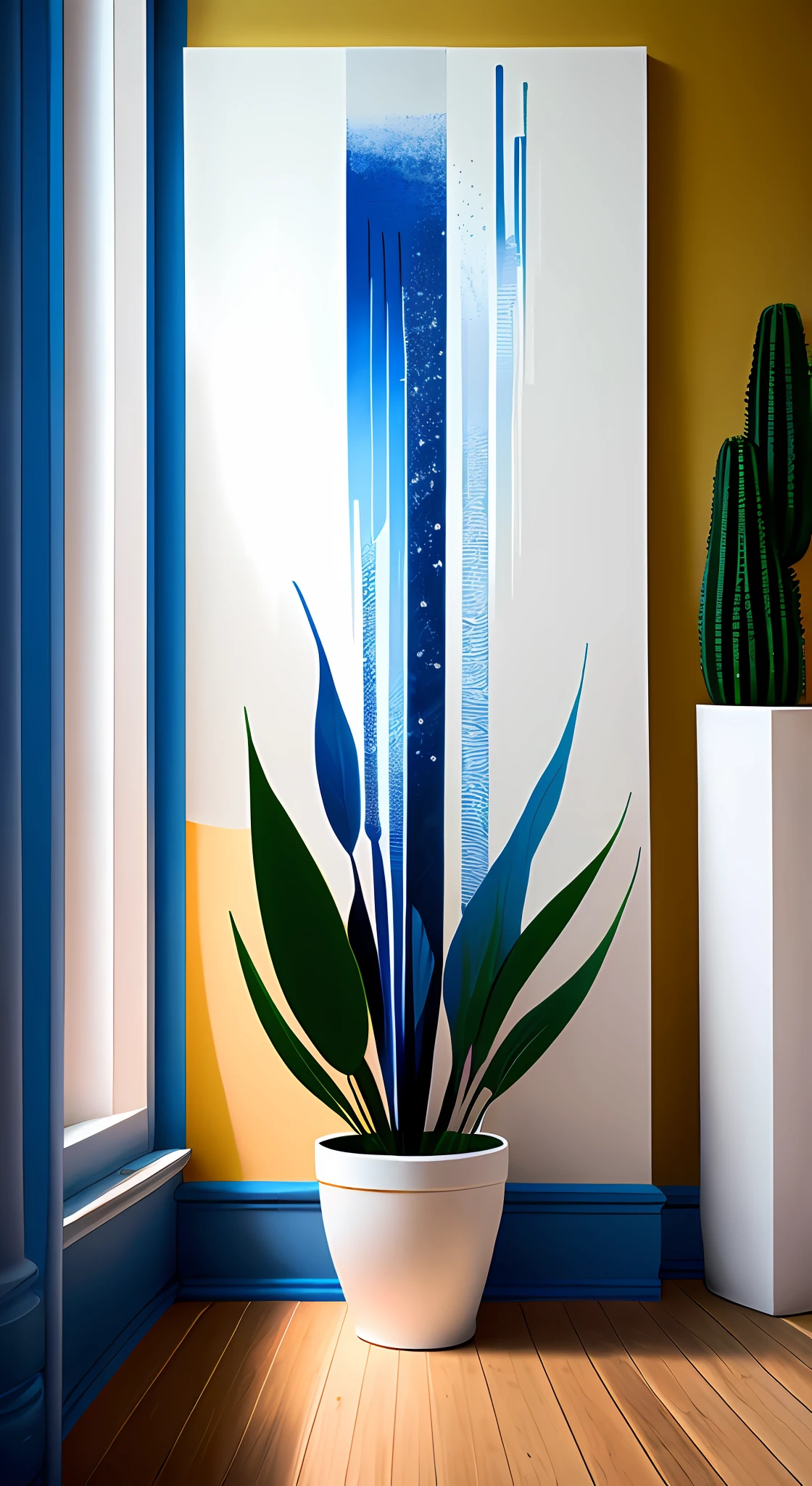 painting of a blue and white painting on a wall next to a potted plant, a minimalist painting inspired by Évariste Vital Luminais, featured on behance, abstract art, placed in a living room, abstract minimalist painting, painting for a wall, minimalistic art, minimalist painting, minimalistic painting, abstract painting, minimalist abstract art, abstract acrylic painting, acrylic art --auto