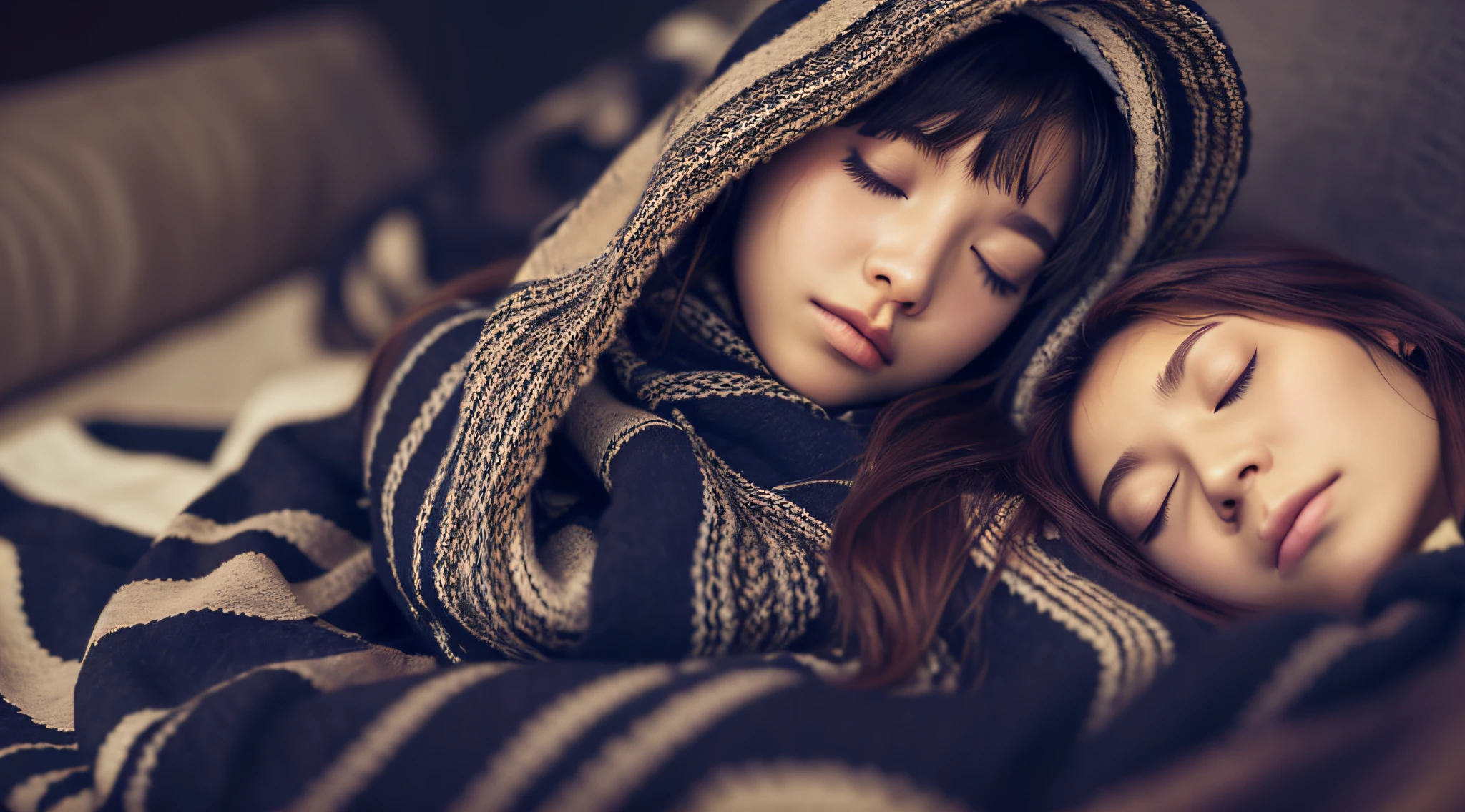 GIRL BLONDE CHILD with long hair TRANCE wearing a scarf and a hat, sleepy fashion model face, sleepy, sleepy expression, Marisa Kirisame, wearing cute BLACK scarf, prettier, sleeping, sick with a cold, Lalisa Manobal, Misa Amane*, very tired woman, sleeping, Takeyuki Kanda, Lalisa Manoban of blackpink