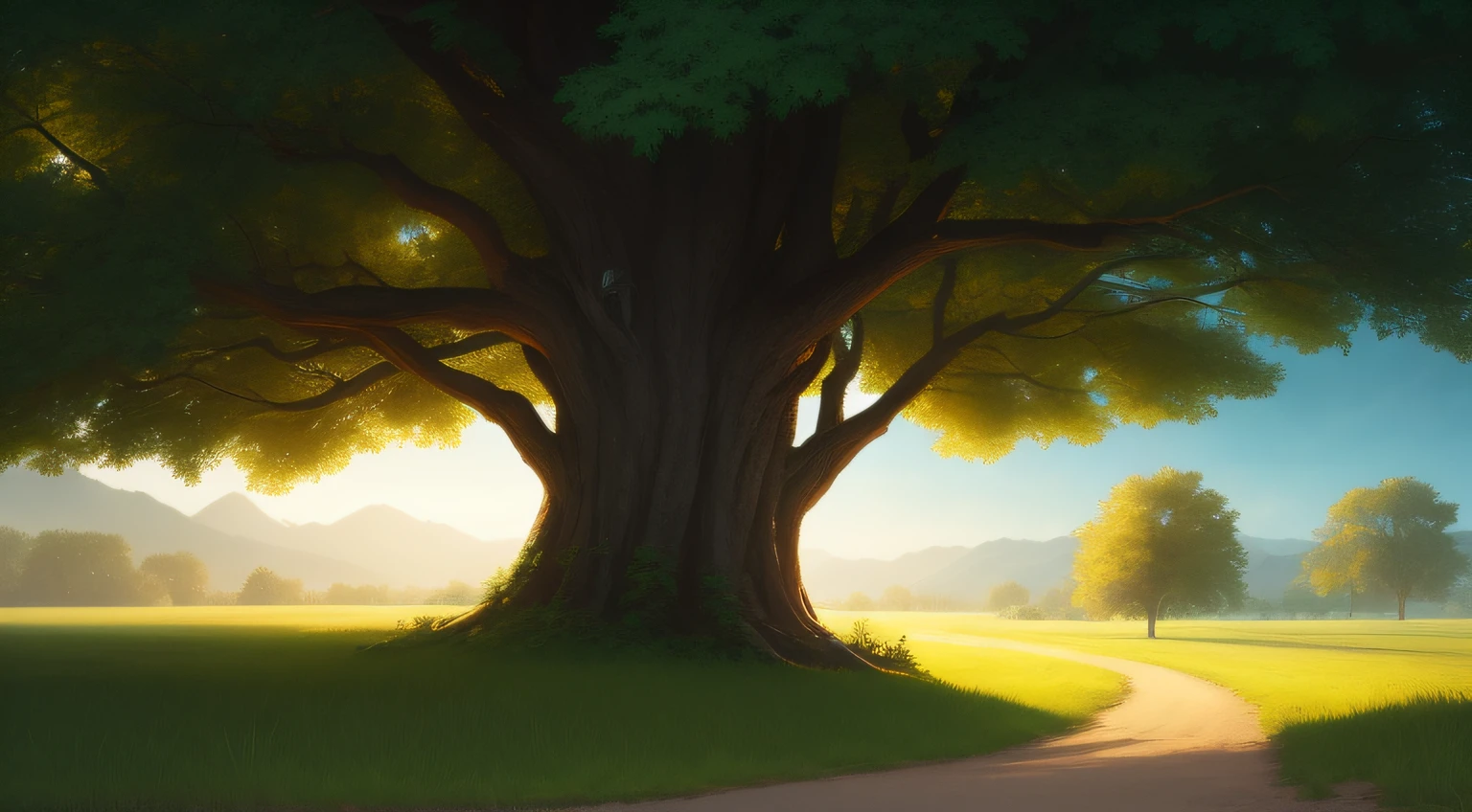 tree on a dirt road in a green field, rural road, dirt road background, nature wallpaper, nature landscape, high quality wallpaper, peaceful environment, lonely tree, beautiful wallpaper, peaceful landscape, wallpaper - 1 0 2 4, background art, stefan koidl inspired, by Adam Marczyński, by László Balogh, novel cover art for a book, children's art in artstation, art concept for a book cover, matte painting magic realism, rendered art