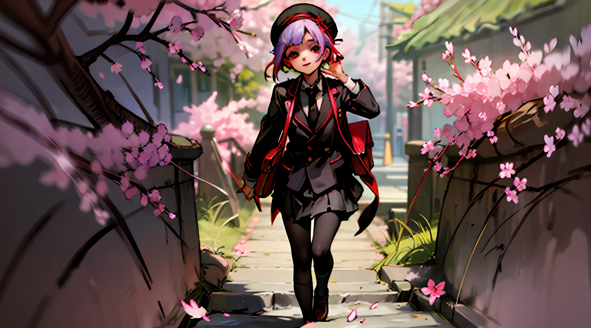 a girl, solo, teenage, portrait, looking at viewer, school uniform, suit, handbag, long black coat, berets, mizuki, (red tie:1.5), short hair, light blue hair, smile, shut up, hand pocket, spring, (sunny day: 1.2), cherry blossoms, cherry blossoms, floating flowers, falling flowers, rock path, moss, shade, school, gate, mizuki, walk, depth of field,