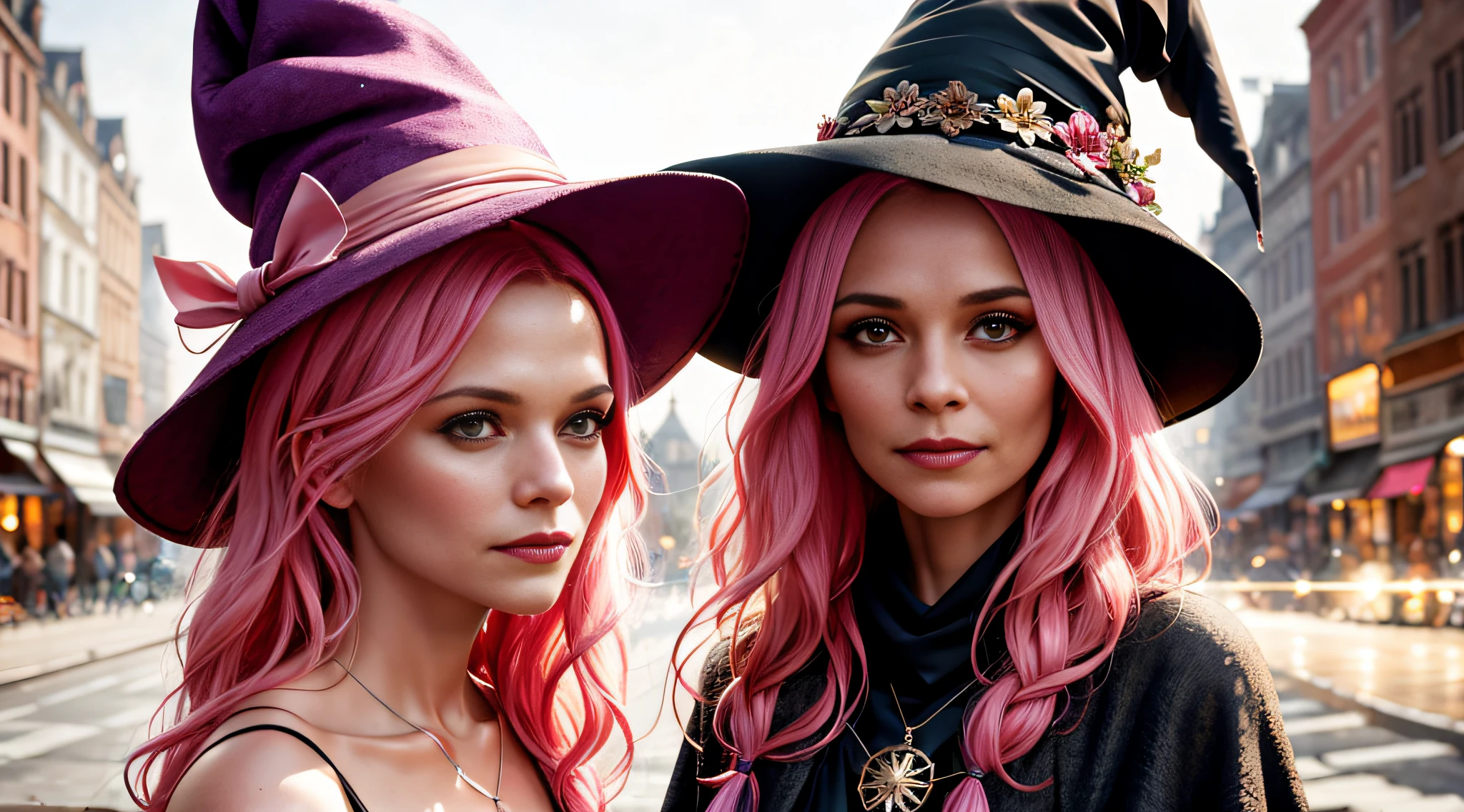 CarmD award-winning character concept art of, a beautiful magical witch with pink hair, blurry_background, witch hat, natural lighting, lips, looking_at_viewer, solo, side, highly detailed 8k character concept portrait lighting studio by Annie Leibovitz and Steve McCurry octane render trend in artstation made in Maya 4K digital painting of high quality dramatic lighting,