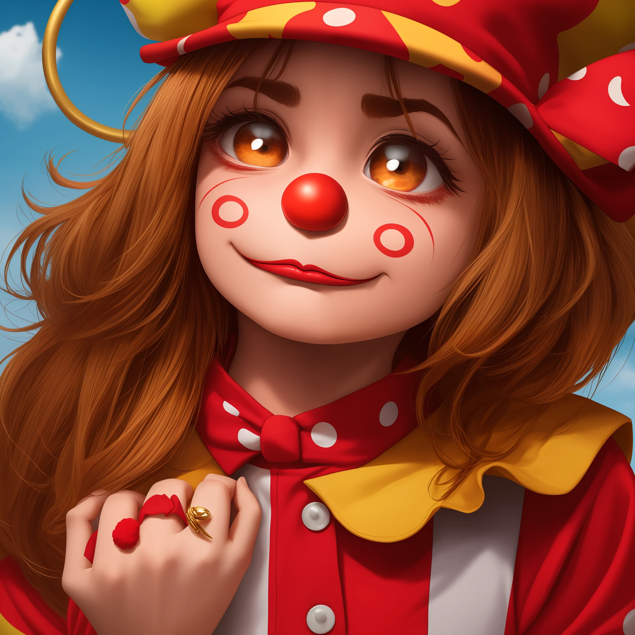 Gorgeous circus clown, detailed emotional expression, big red nose, tear in the eyes, tramp clothes --auto