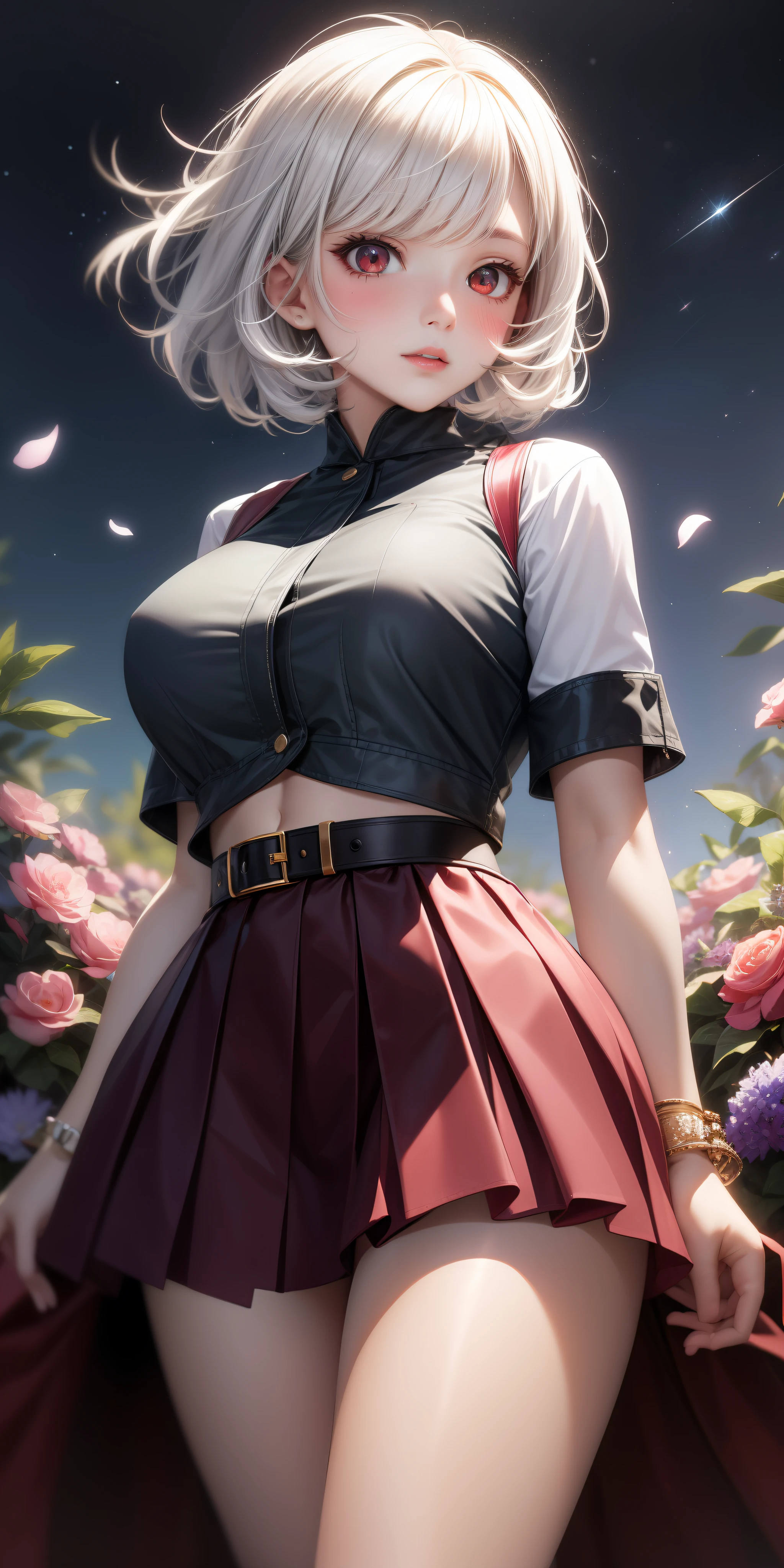 realistic, white hair, red eyes, big thighs, bright eyes, cropped top, short skirt, half-open lips, soft blush, starry night, colorful flowers, bright sun, soft sunlight.