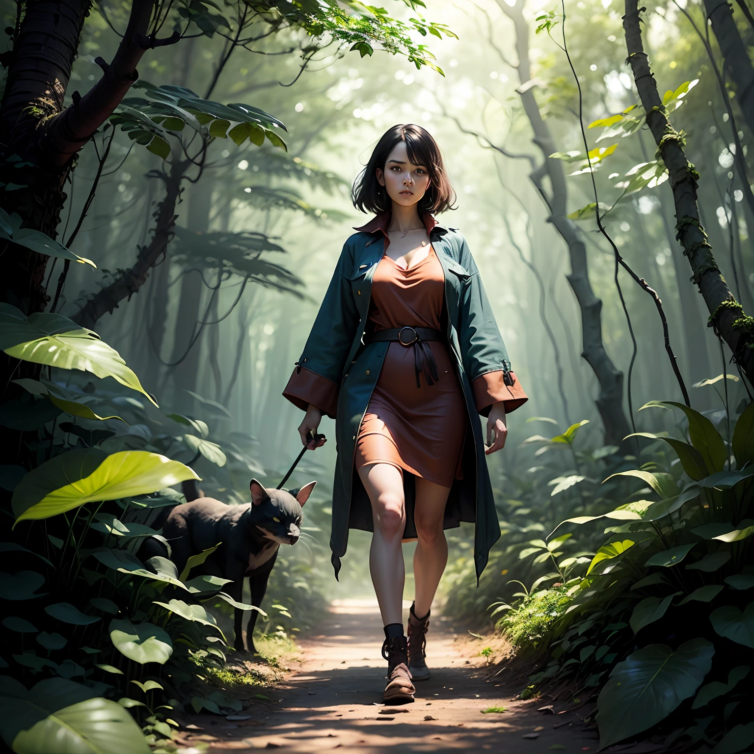 A female figure lost in the lush forest woth odd creatures lurking in the foliage --auto