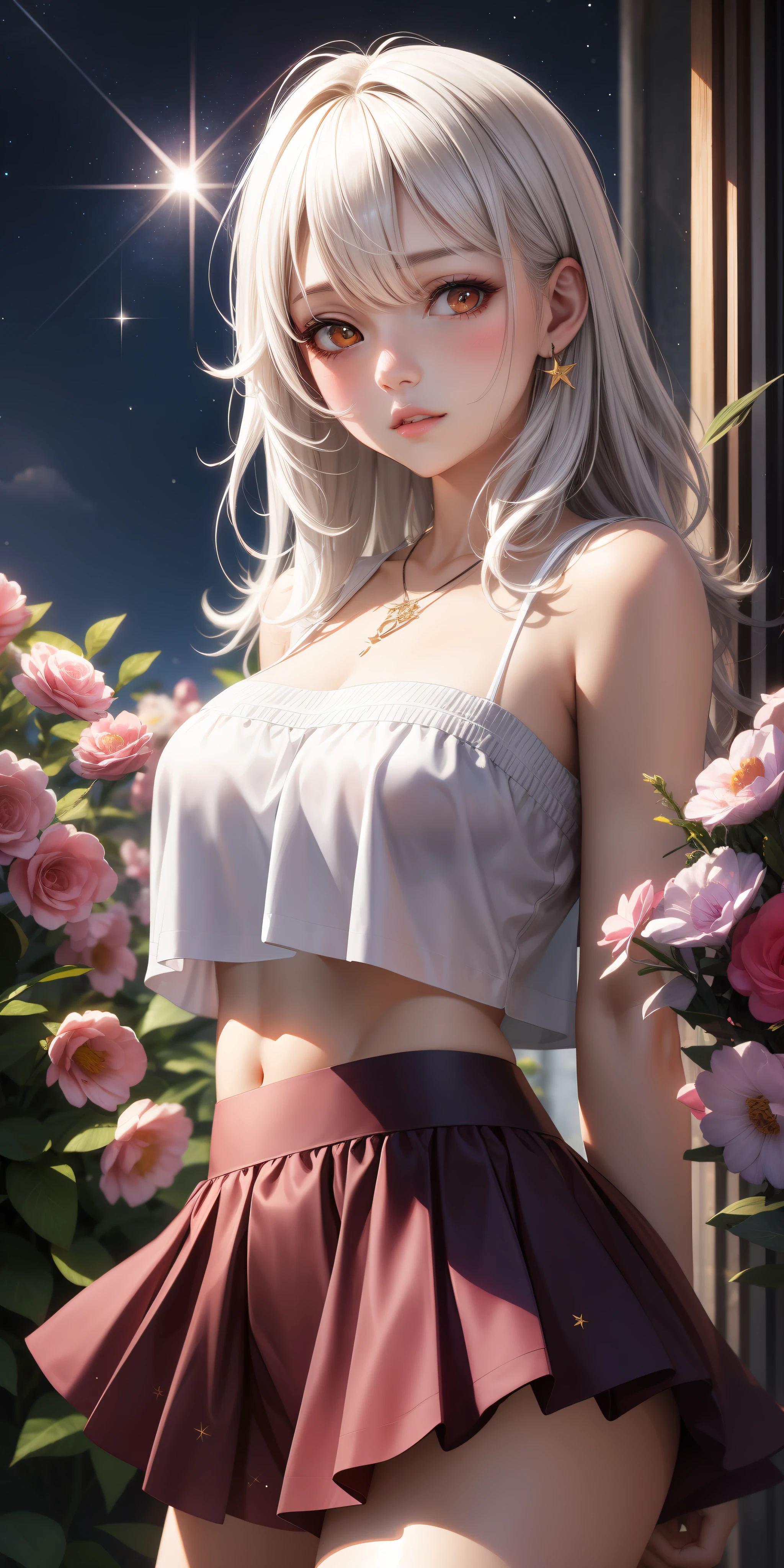 realistic, white hair, red eyes, big thighs, bright eyes, cropped top, short skirt, half-open lips, soft blush, starry night, colorful flowers, bright sun, soft sunlight.