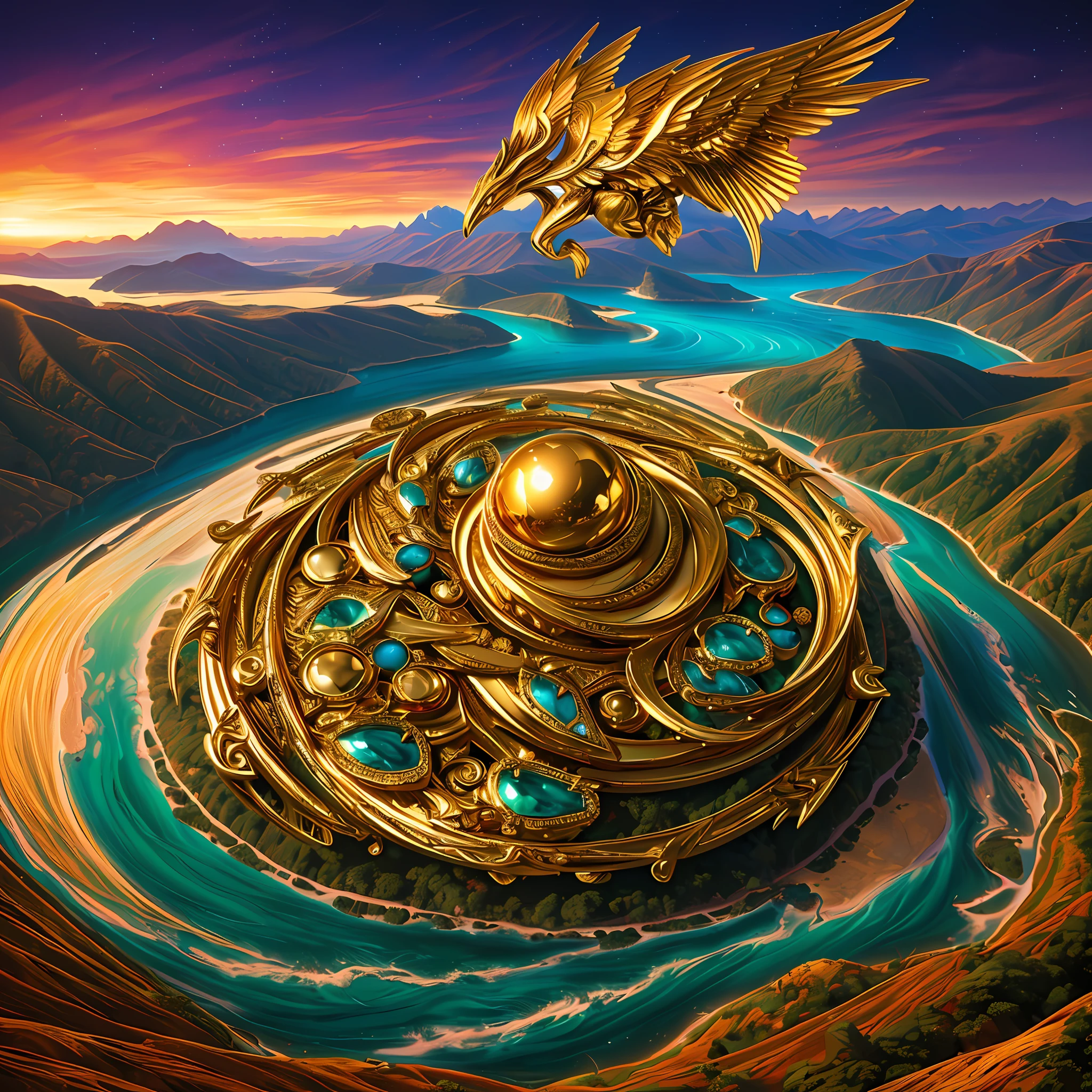 In this innovative and surreal illustration, a golden world unfolds before the viewer's eyes. The landscapes exhibit an intense golden glow, with sparkling mountains and rivers of liquid gold. Mythical creatures adorned with exotic jewels soar through the skies, adding a touch of mystery and charm to this alternate reality.