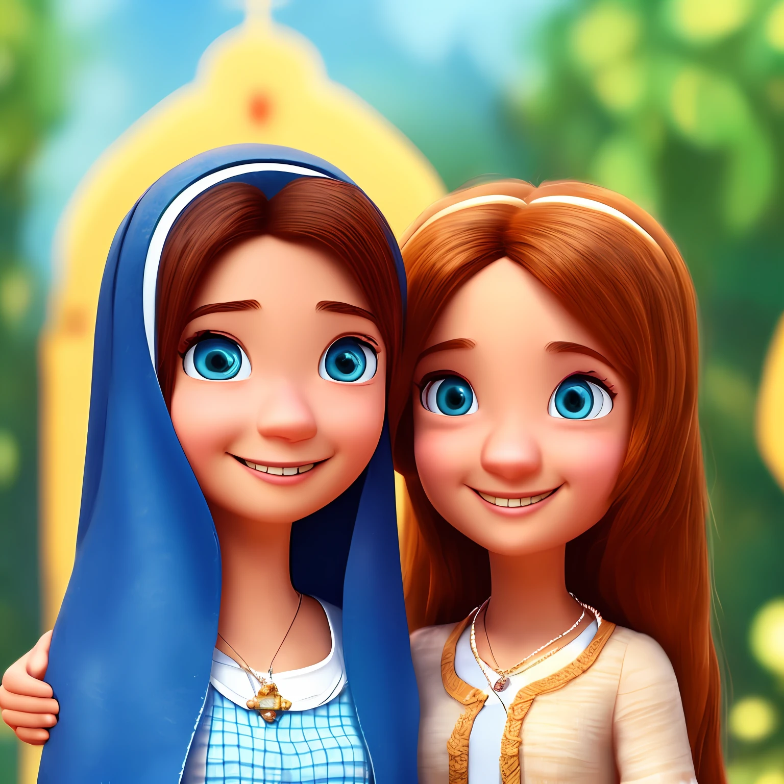 maria mother of Jesus, brown hair, young and happy, pixar style --auto
