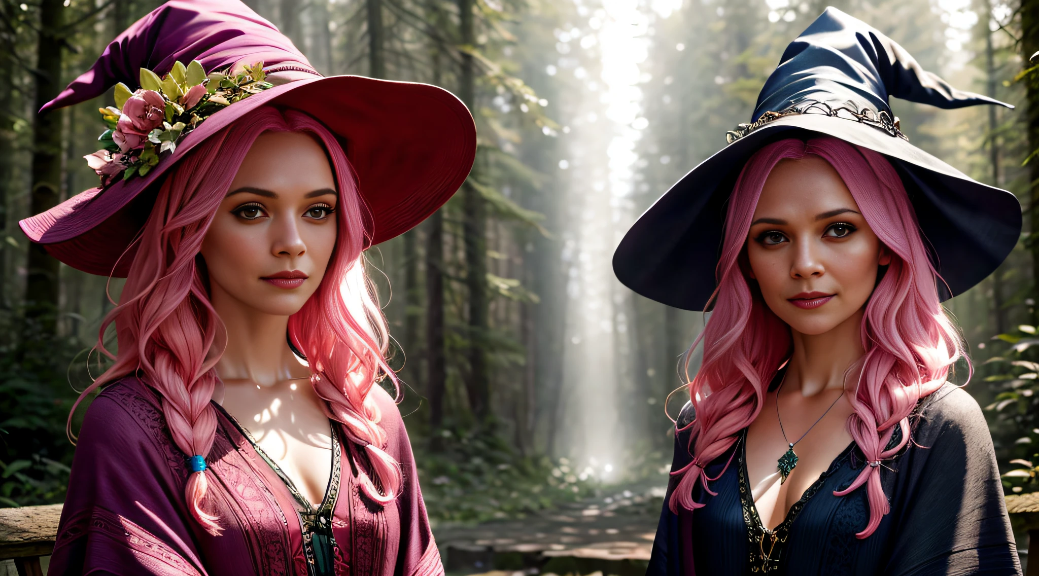 CarmD award-winning character concept art of, a beautiful magical witch with pink hair, blurry_background, witch hat, natural lighting, lips, looking_at_viewer, solo, side, highly detailed 8k character concept portrait lighting studio by Annie Leibovitz and Steve McCurry octane render trend in artstation made in Maya 4K digital painting of high quality dramatic lighting,