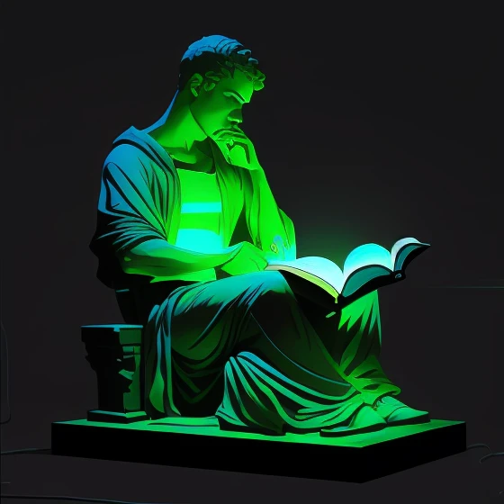 arafed statue of a man reading a book in a green light, baroque vaporwave statue, neon roman, philosopher, glowing in the dark, anaglyph lighting, inspired by Joseph Wright of Derby, studious chiaroscuro, by Mike Winkelmann, inspired by Mike Winkelmann, cyberpunk statue, glowing neon vray, alexey egorov --auto