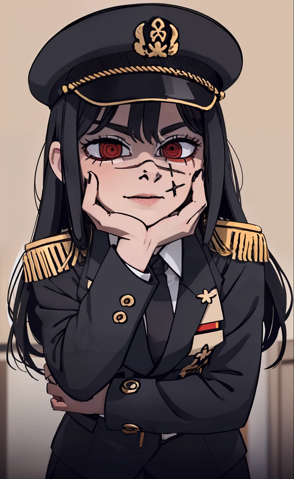 (masterpiece, best quality: 1.2), Solo, 1girl, Yoru \(Chainsaw Man\), looking at the viewer, different poses, red eye, long hair, completely black hair, reference to clothing of a German WWII general, black long sleeves (best quality), scar on face, beautiful eyes, has only 2 arms, has war medals on his clothes, Black Military Cap, Golden Eagle Medal on Clothing, (Wallpaper), (8K HD), (8K HD), Golden Shoulder Pads, Sprites, 1 Single Design (masterpiece, best quality: 1.2), Solo, 1girl, Yoru \(Chainsaw Man\), looking at the viewer, smile, happy, different poses, red eye, long hair, completely black hair, reference to clothing of a German WWII general, black long sleeves (best quality), scar on face, beautiful eyes, has only 2 arms, has war medals on his clothes, black military cap, golden eagle medal on clothing, (wallpaper), (8K HD), (8K HD), (8K HD), golden shoulder pads, sprites, 1 single design