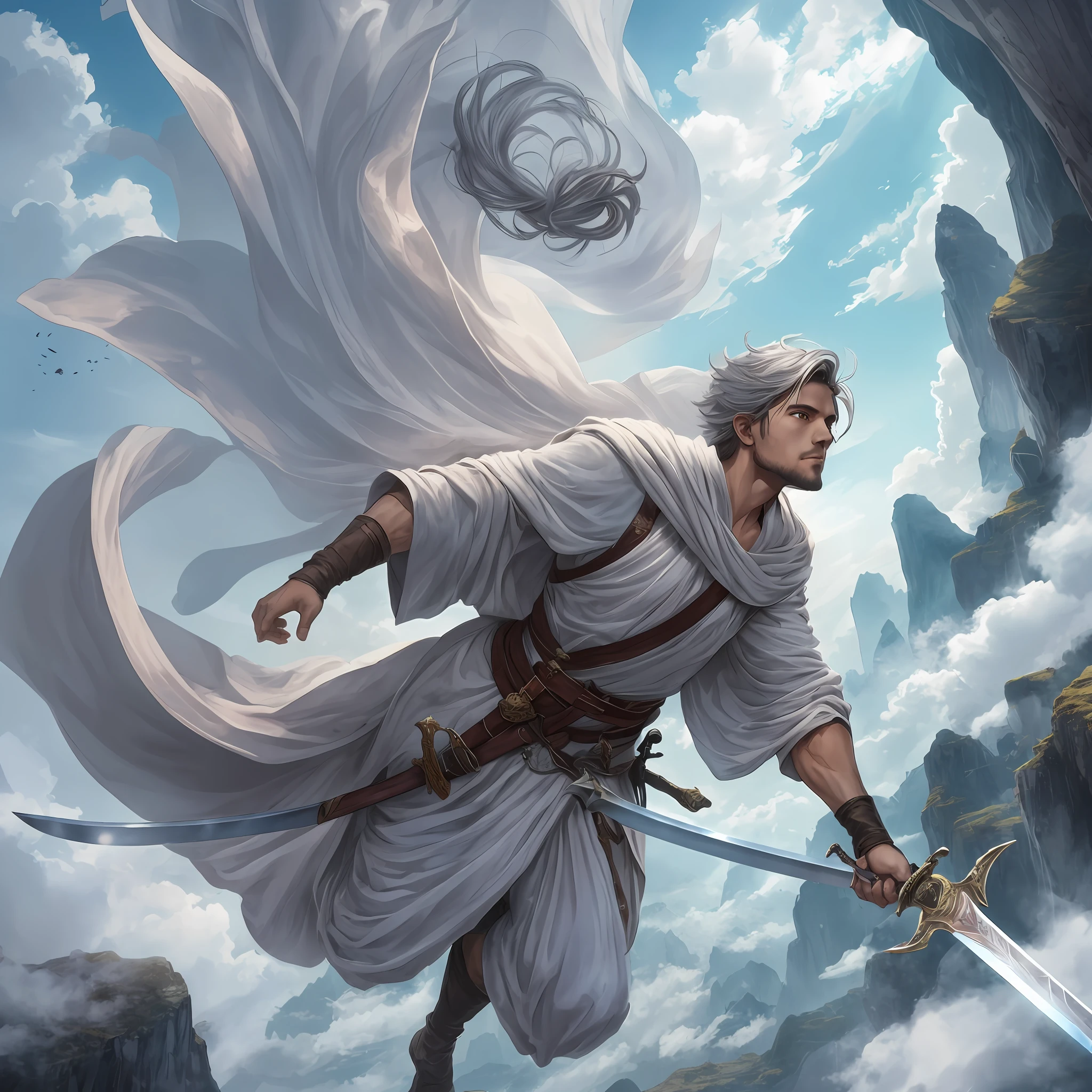 In the mountains, a cloaked male sword fairy flying in the sky with flying swords, overlooking the earth, seems to be looking for something, classical fairy, male, wingless, oriental male, gray robe, holding a sword in both hands, robe covering the entire body, boots
