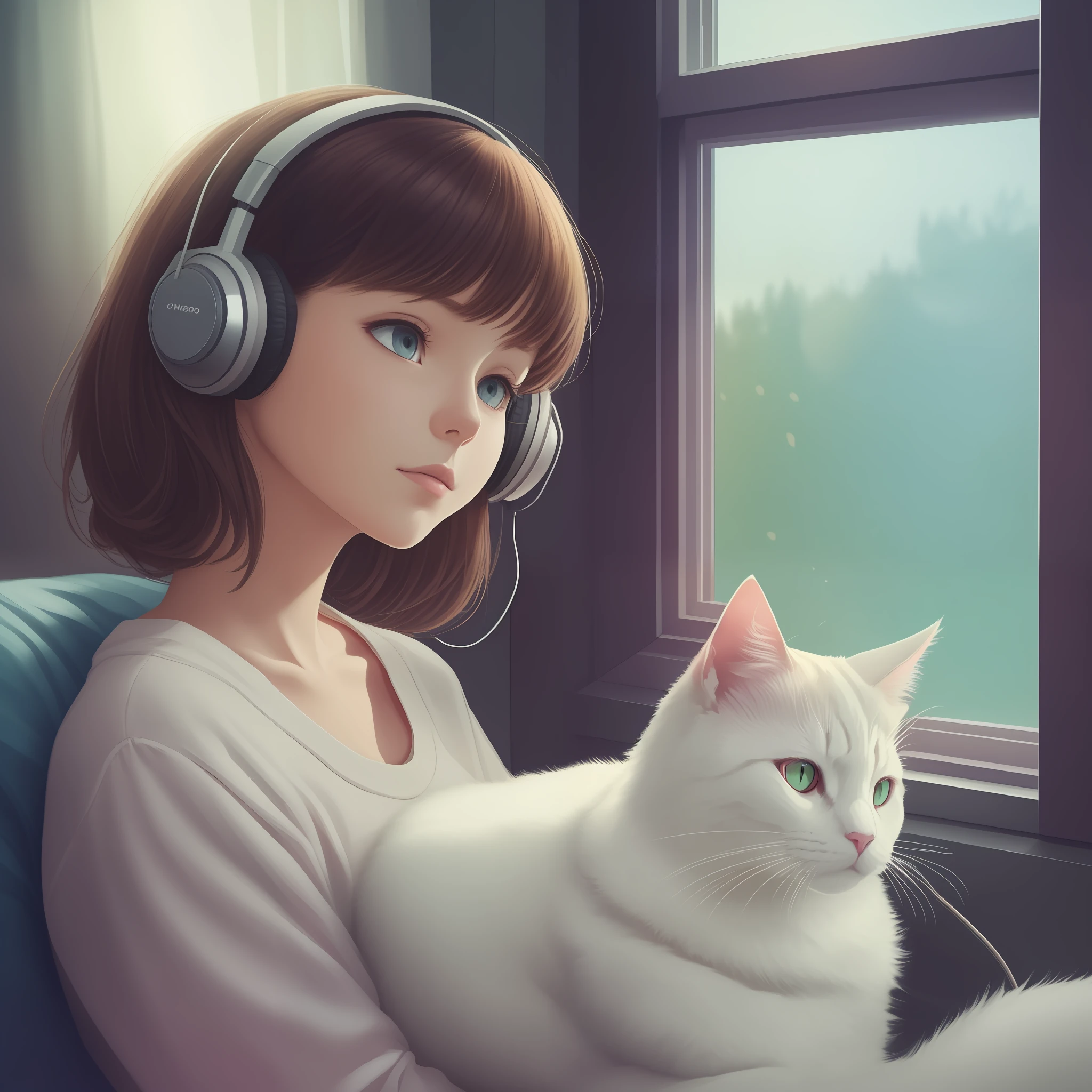 lofi girl at home, soft place, tech, cat at the window, listening to music,