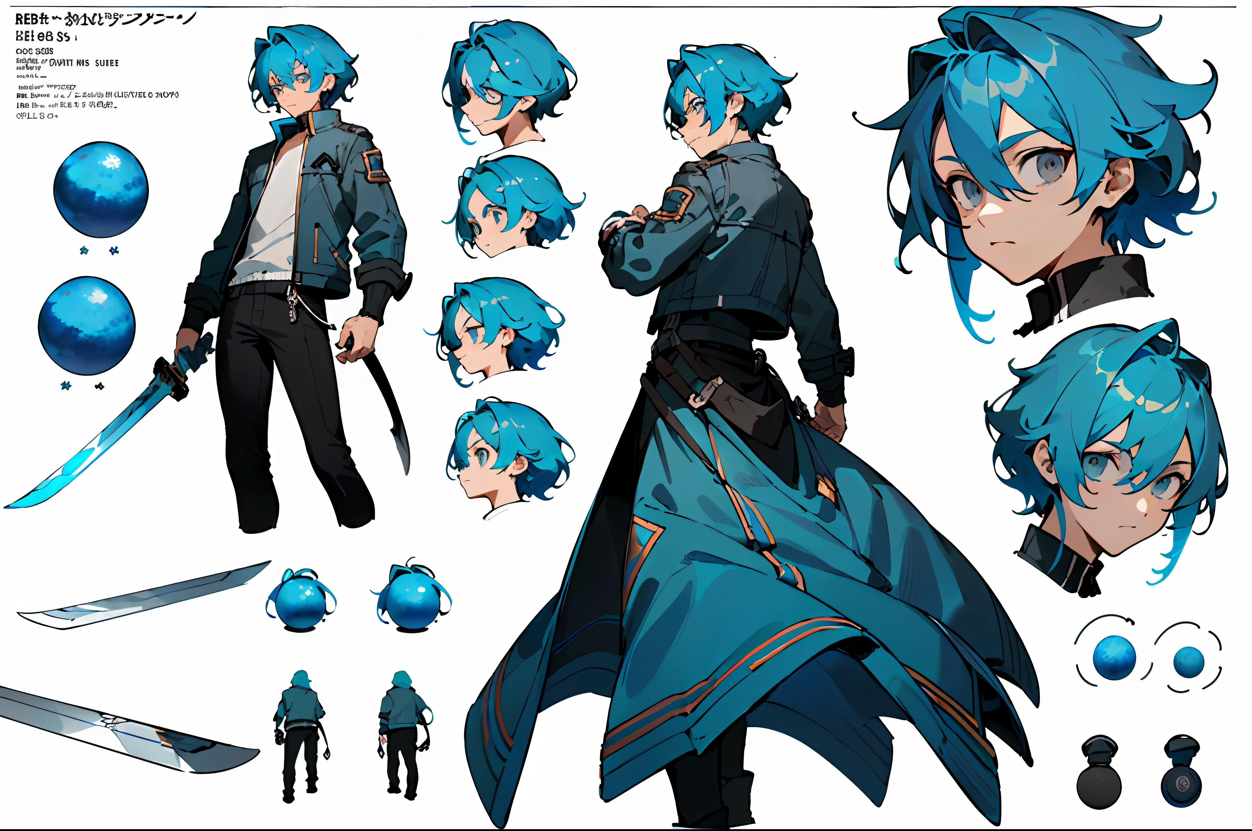 ((masterpiece)),(((best quality))),((character design sheet,same character,front,side,back)),illustration,1 male,medium hair,hair on eyes,strong eyes,environment Scene change, pose too, male medium blue hair, grey biker jacket, holding a sword, holding an energy sphere, charturnbetalora, (simple background, white background: 1.3)