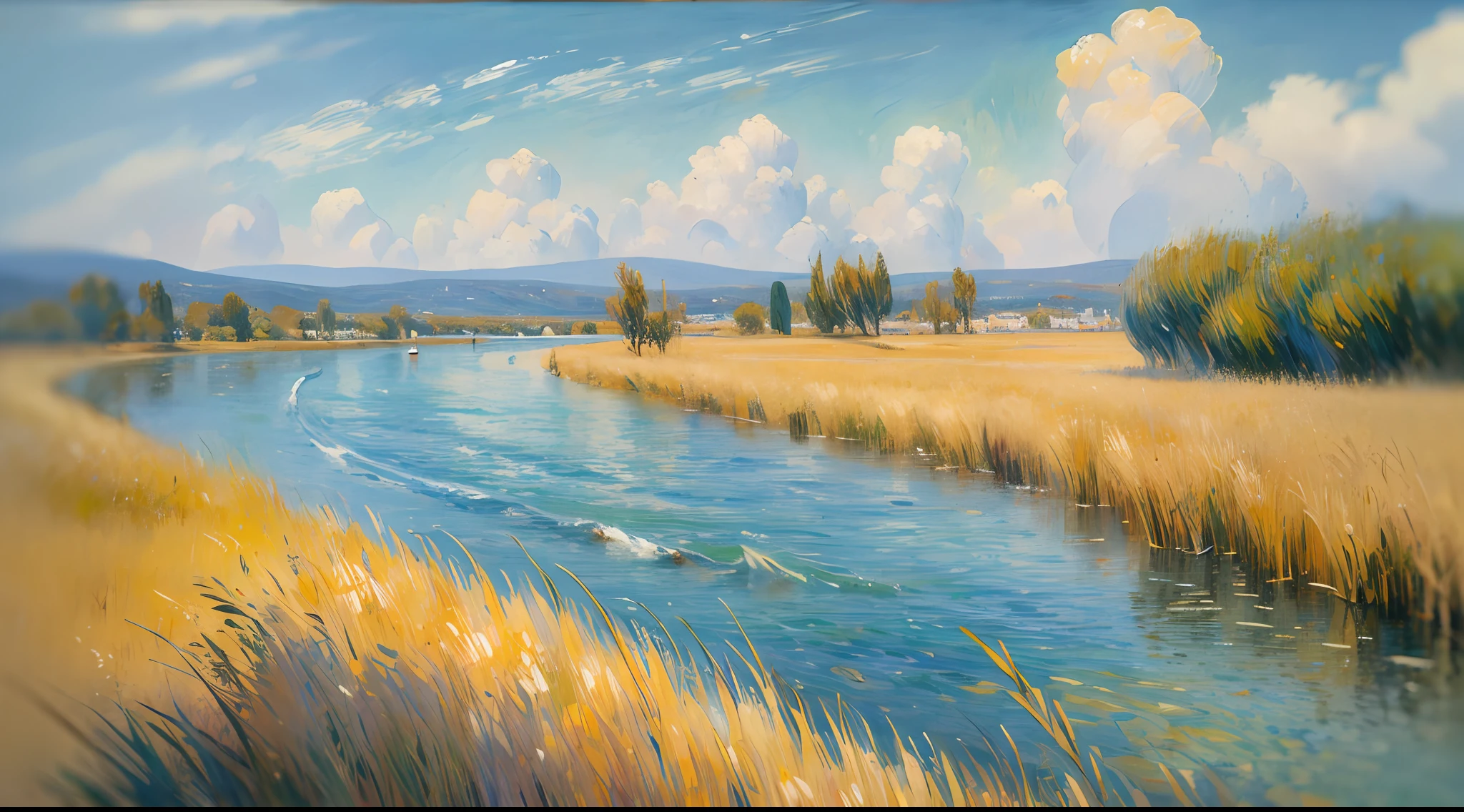 river reeds, wind, aquarel, renoir