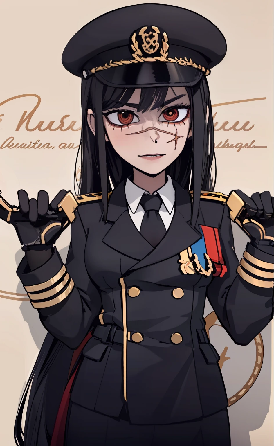 (masterpiece, best quality: 1.2), Solo, 1girl, Yoru \(Chainsaw Man\), looking at the viewer, different poses, red eye, long hair, completely black hair, reference to clothing of a German WWII general, black long sleeves (best quality), scar on face, beautiful eyes, has only 2 arms, has war medals on his clothes, Black Military Cap, Golden Eagle Medal on Clothing, (Wallpaper), (8K HD), (8K HD), Golden Shoulder Pads, Sprites, 1 Single Design (masterpiece, best quality: 1.2), Solo, 1girl, Yoru \(Chainsaw Man\), looking at the viewer, smile, happy, different poses, red eye, long hair, completely black hair, reference to clothing of a German WWII general, black long sleeves (best quality), scar on face, beautiful eyes, has only 2 arms, has war medals on his clothes, black military cap, golden eagle medal on clothing, (wallpaper), (8K HD), (8K HD), (8K HD), golden shoulder pads, sprites, 1 single design, WHITE BACKGROUND