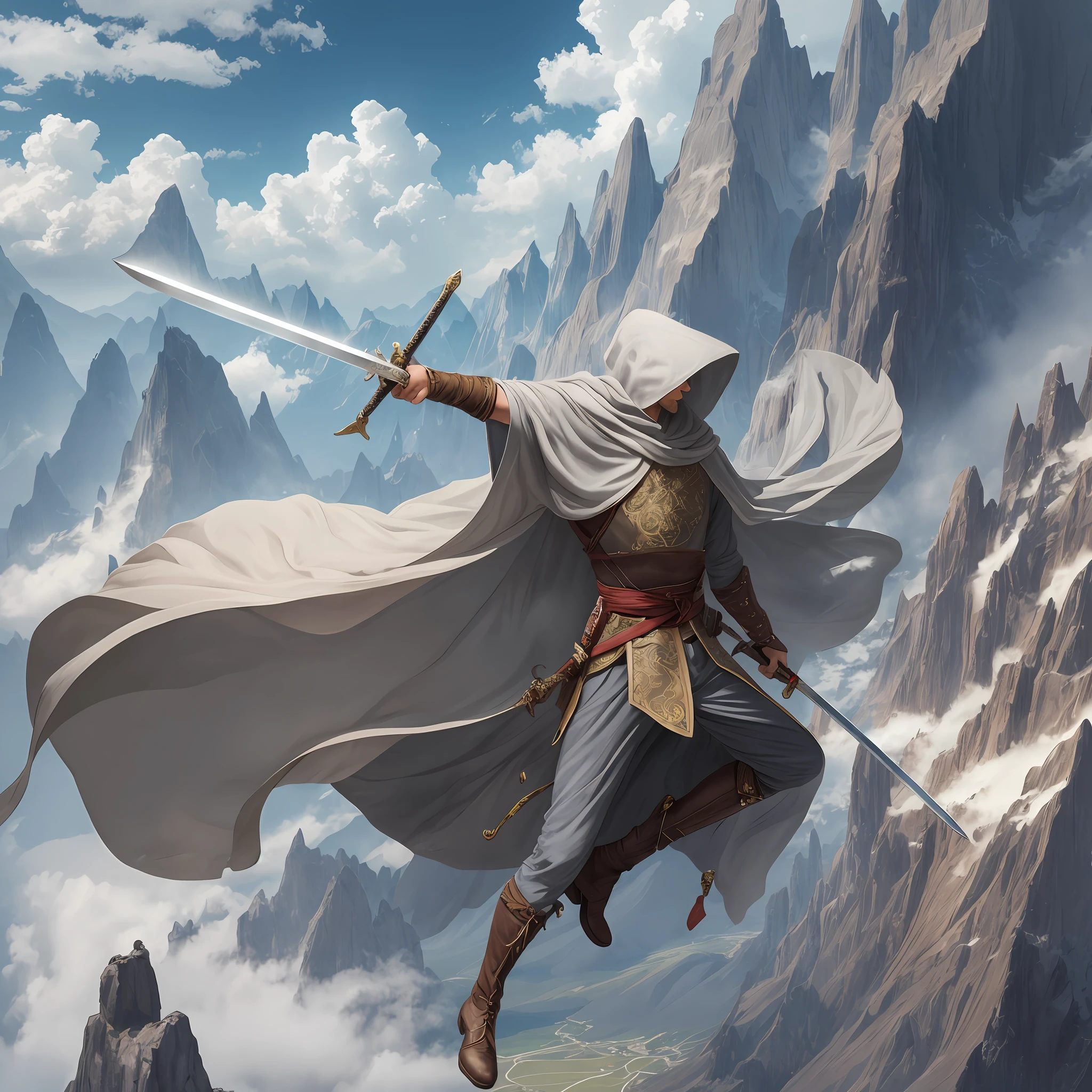 In the mountains, a cloaked male sword fairy flying in the sky with flying swords, overlooking the earth, seems to be looking for something, classical fairy, male, wingless, oriental male, gray robe, holding a sword in both hands, robe covering the entire body, boots