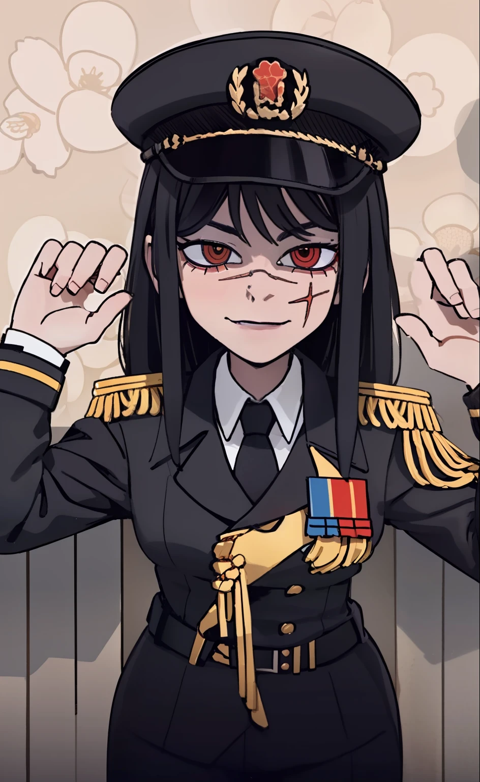 (masterpiece, best quality: 1.2), Solo, 1girl, Yoru \(Chainsaw Man\), looking at the viewer, different poses, red eye, long hair, completely black hair, reference to clothing of a German WWII general, black long sleeves (best quality), scar on face, beautiful eyes, has only 2 arms, has war medals on his clothes, Black Military Cap, Golden Eagle Medal on Clothing,  (Wallpaper), (8K HD), (8K HD), Golden Shoulder Pads, Sprites, 1 Single Design (masterpiece, best quality: 1.2), Solo, 1girl, Yoru \(Chainsaw Man\), looking at the viewer, smile, happy, different poses, red eye, long hair, completely black hair, reference to clothing of a German WWII general, black long sleeves (best quality), scar on face,  beautiful eyes, has only 2 arms, has war medals on his clothes, black military cap, golden eagle medal on clothing, (wallpaper), (8K HD), (8K HD), (8K HD), golden shoulder pads, sprites, 1 single design