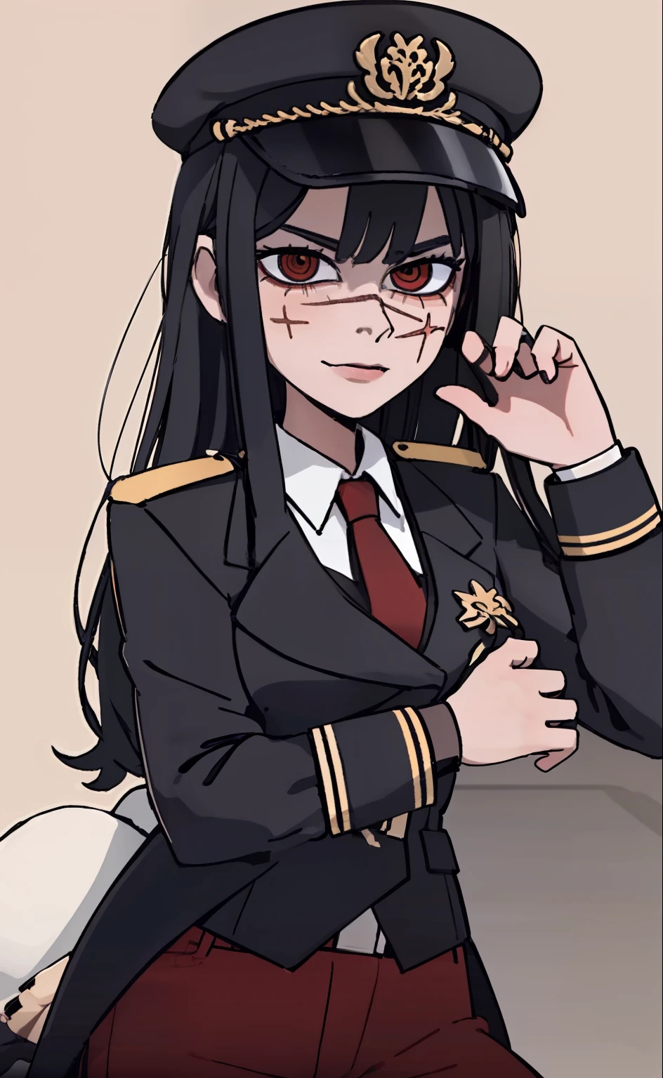 (masterpiece, best quality: 1.2), Solo, 1girl, Yoru \(Chainsaw Man\), looking at the viewer, different poses, red eye, long hair, completely black hair, reference to clothing of a German WWII general, black long sleeves (best quality), scar on face, beautiful eyes, has only 2 arms, has war medals on his clothes, Black Military Cap, Golden Eagle Medal on Clothing, (Wallpaper), (8K HD), (8K HD), Golden Shoulder Pads, Sprites, 1 Single Design (masterpiece, best quality: 1.2), Solo, 1girl, Yoru \(Chainsaw Man\), looking at the viewer, smile, happy, different poses, red eye, long hair, completely black hair, reference to clothing of a German WWII general, black long sleeves (best quality), scar on face, beautiful eyes, has only 2 arms, has war medals on his clothes, black military cap, golden eagle medal on clothing, (wallpaper), (8K HD), (8K HD), (8K HD), golden shoulder pads, sprites, 1 single design