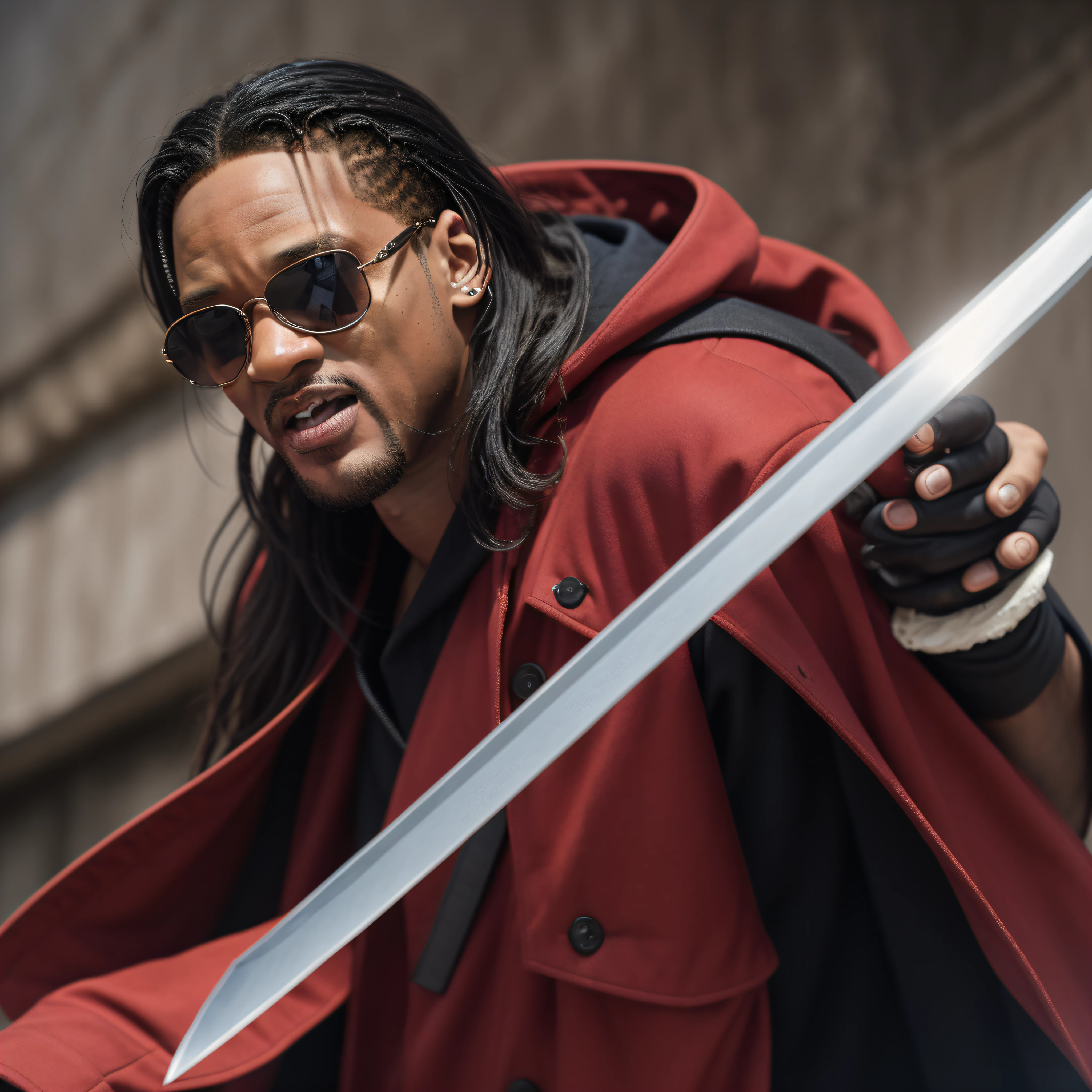 Portrait of Will Smith, black vampire man (Blade), with long hair, wearing red-lensed sunglasses and a black neo matrix-style overcoat, holding a bloody katana sword, action pose