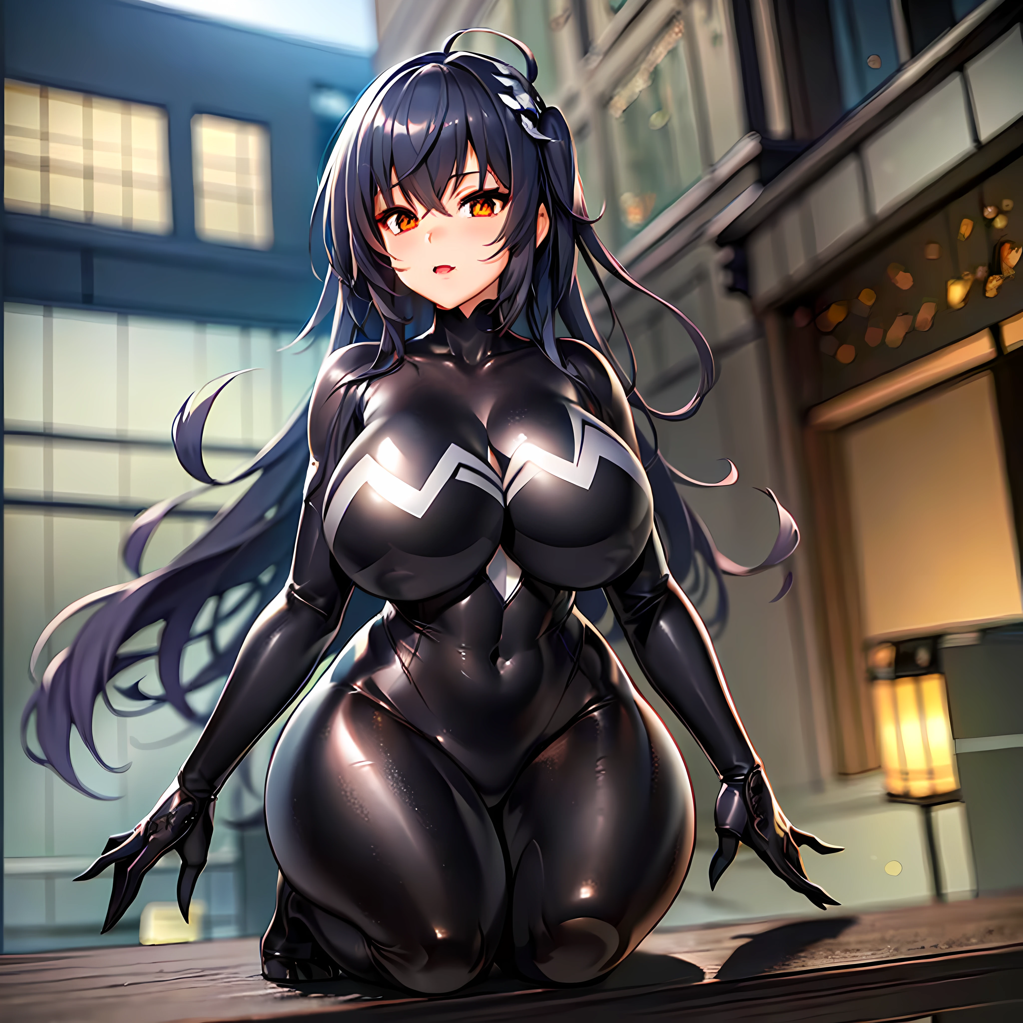 (Masterpiece)), ((Best Quality), (Ultra Detailed), ((Kawaii)), Cute, (Cute), (Very Detailed)), 4K, (8K), Best Quality, (Beautiful), (World Class Quality))), Very Detailed, High Resolution, (Detailed Shadow Beautiful Face), (Full Body), Mature Girl, Solo, (((Huge Tits))), (Sagging Tits))), (Bodysuit:1.2),,, Symbiote, Rich Action, City, Night view, glowing eyes, rich hair color, taihou \ (azur lane\)
