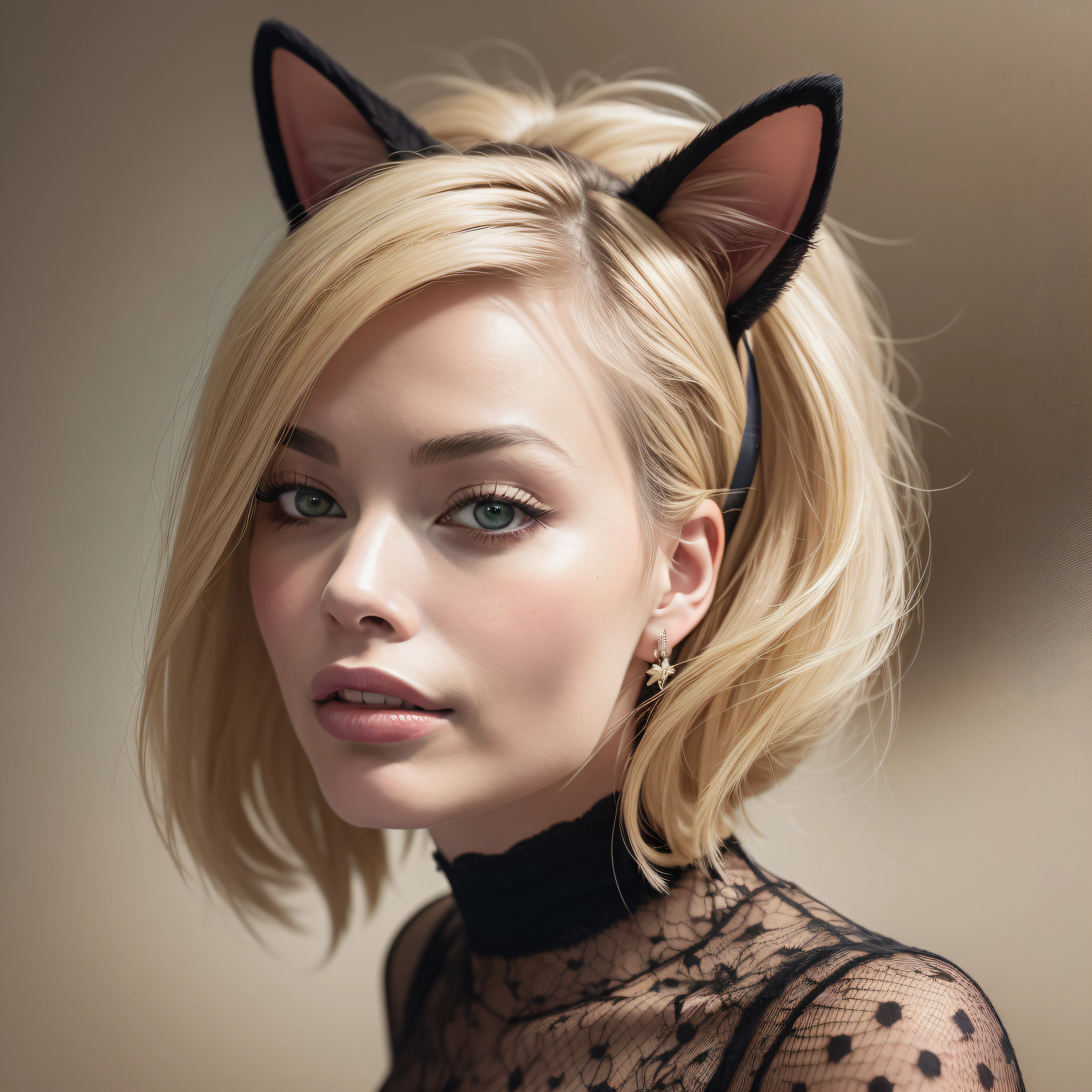 Portrait of Margot Robbie, wearing Catwoman costume, black leather suit, Cat Ears on the head, whip at the waist.