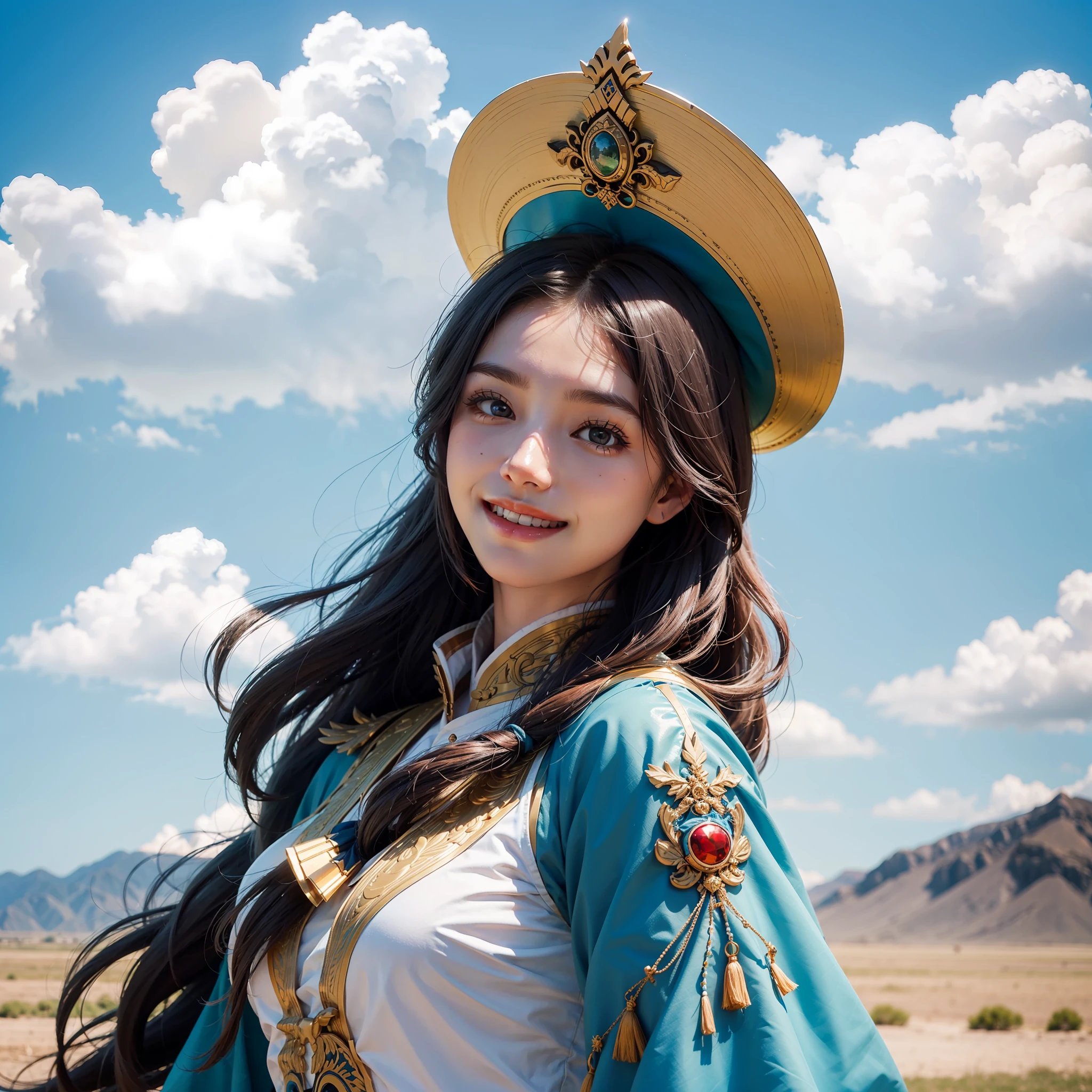 Mongolian beauty, full Mongolian costume from head to toe, delicate face with smile, background steppe blue sky and white clouds, high definition. --auto