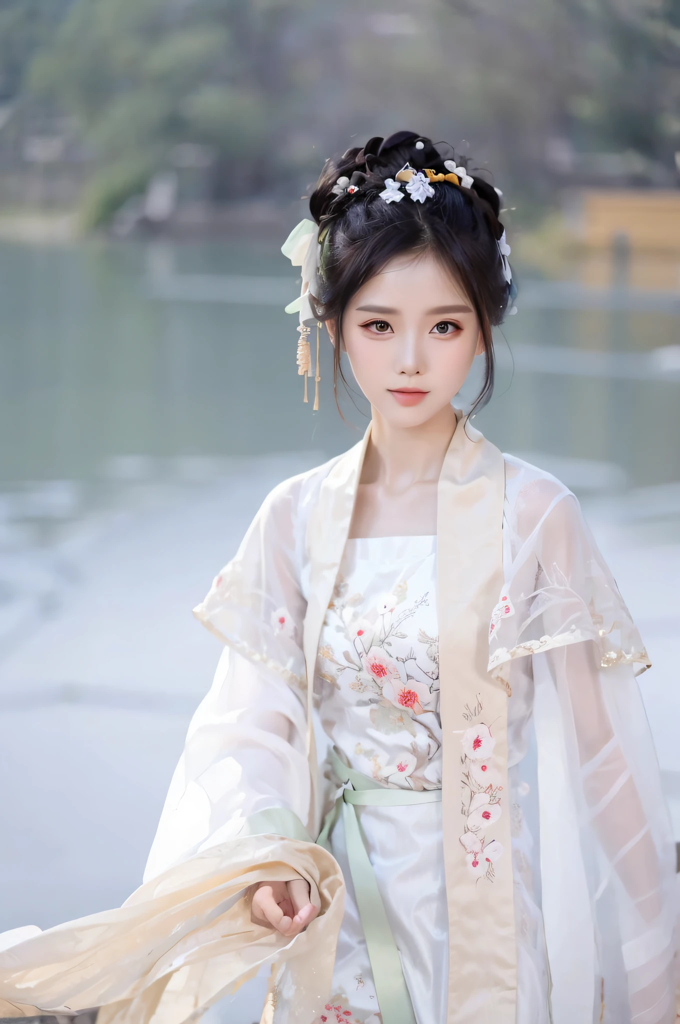 Arad woman in white dress and white shawl, Hanfu, white Hanfu, palace, girl in Hanfu, wearing ancient Chinese costume, traditional Chinese costume, ancient Chinese costume, Chinese style, Chinese princess, Chinese Traditional, princess of ancient Asian dynasty, wearing luxurious silk cloak, wearing gorgeous silk clothes with closed eyes
