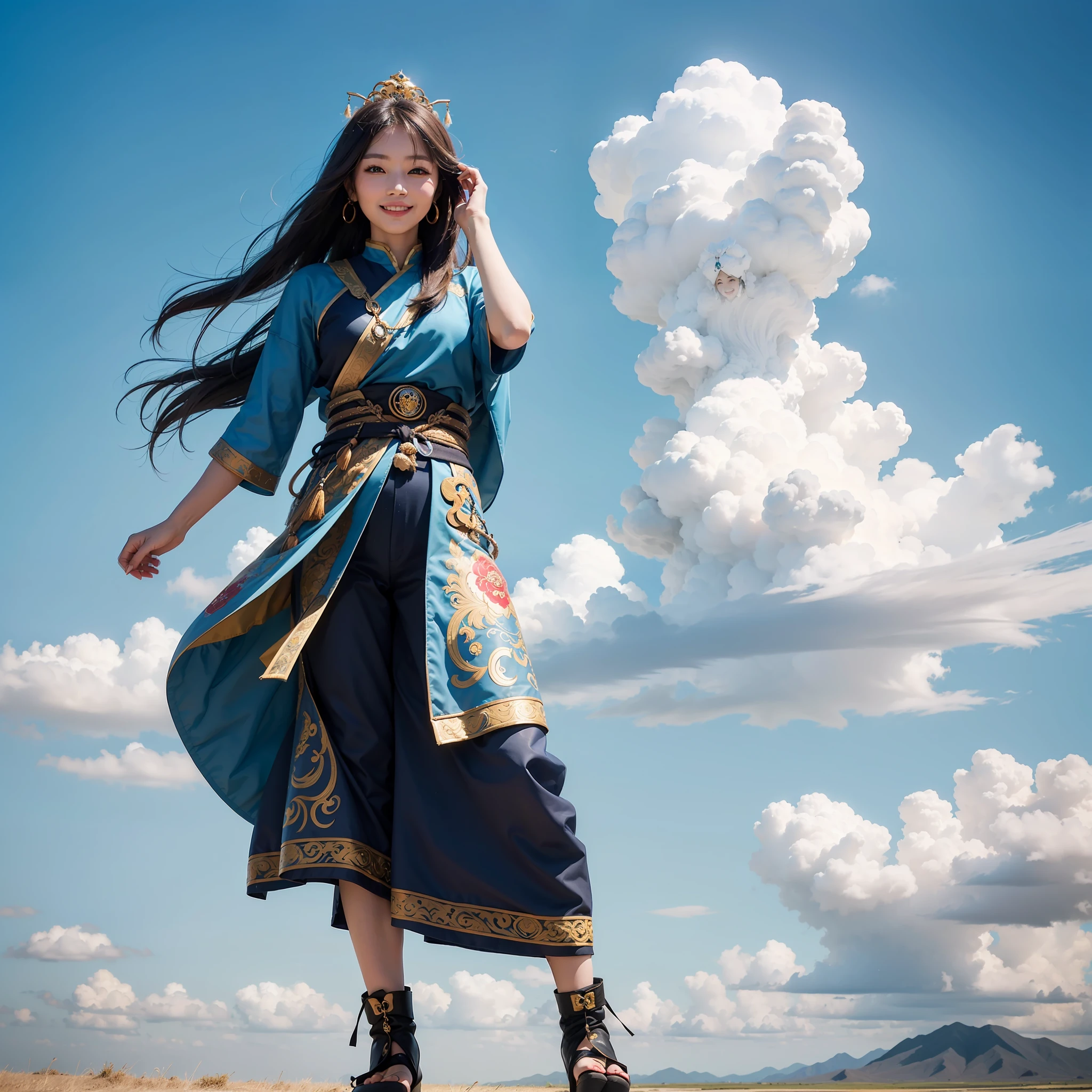 Mongolian beauty, full Mongolian costume from head to toe, delicate face with smile, background steppe blue sky and white clouds, high definition. --auto