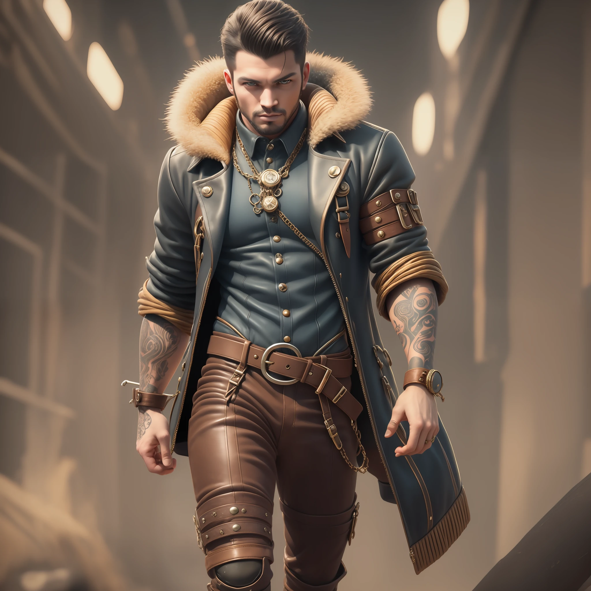 (full-length: 1.2), a masterpiece, of the highest quality, beautiful and aesthetic, a tall, muscular man with short, dark hair and blue eyes (metallic tan skin: 1.5), covered with tattoos (runes: 1.2), dressed in (dark brown leather jacket with a high collar and metal buckles: 1.3), black boots with hard soles, (technology: 1.2), (steampunk accessories: 1.3), super detailed, sharpness, erosion, colorfulness, hyperrealism