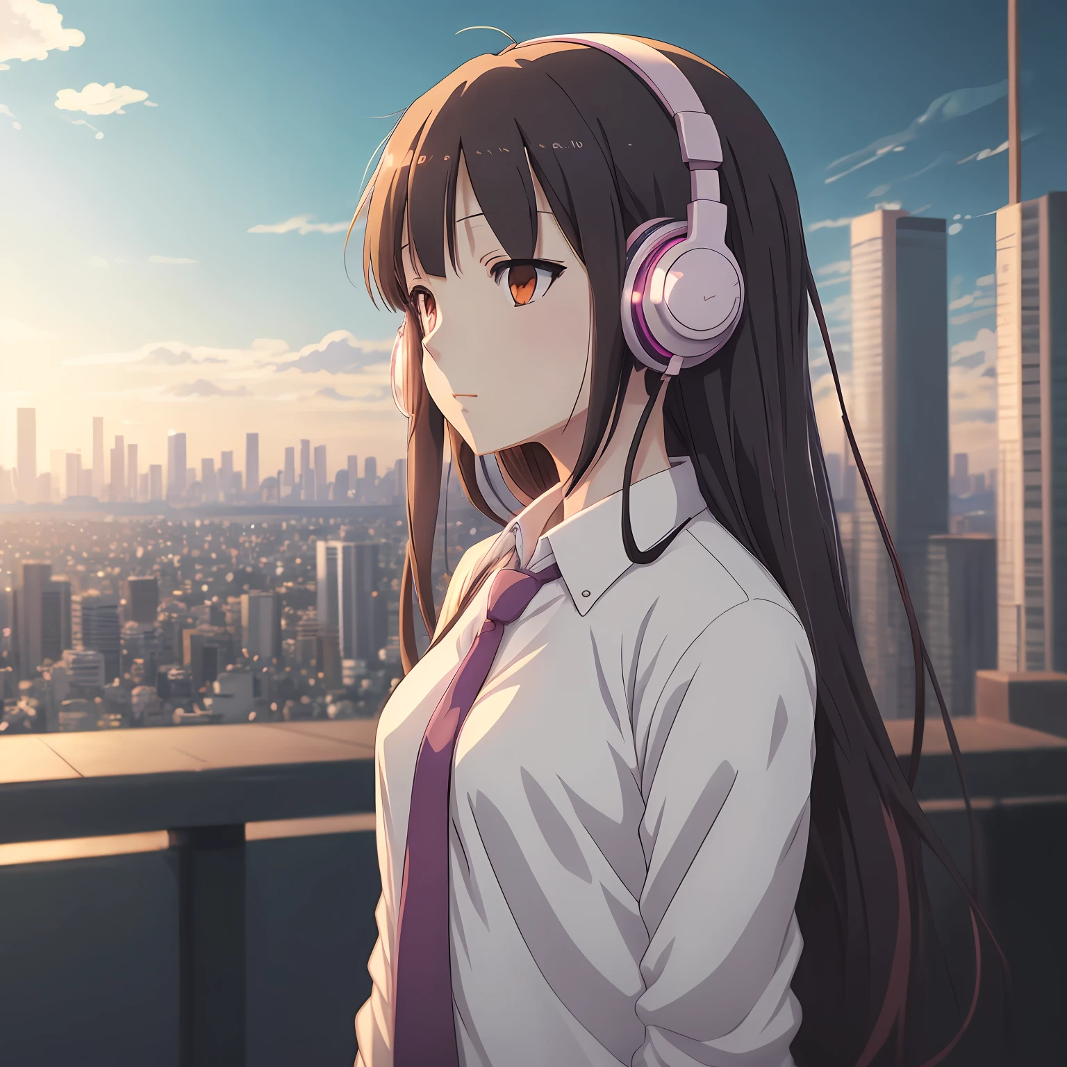 anime girl with headphones and a tie standing in front of a city, anime moe artstyle, iwakura lain, anime style 4 k, nightcore, anime style. 8k, lain iwakura, in style of kyoto animation, lofi girl, close up iwakura lain, ig studios anime style, in anime style, anime wallaper --auto