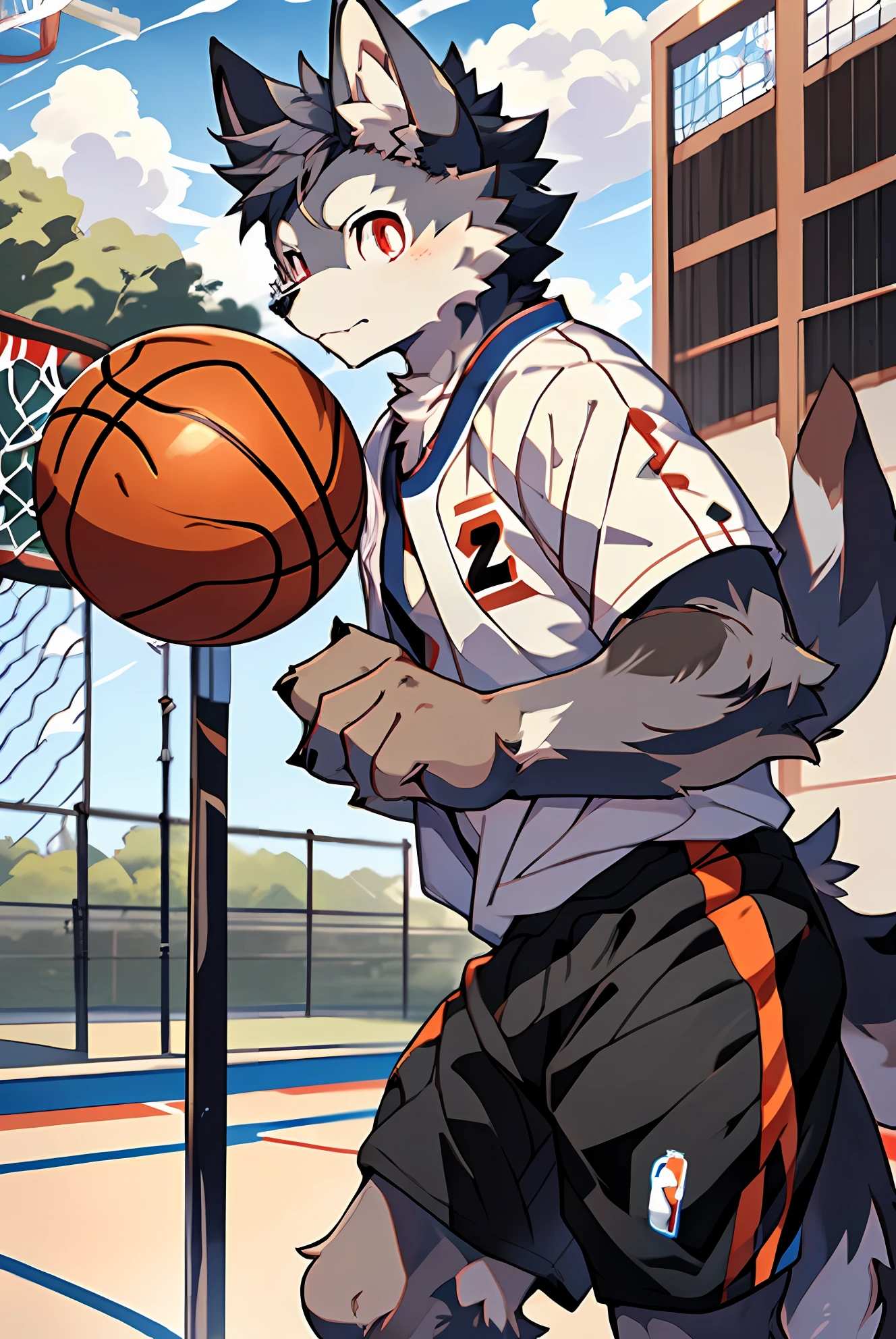 NBA，Kawhi Leonard，(basketball court:0.8),masterpiece,high quality,abstract res,digital painting\(artwork\), by dagasi, yupa,kiyosan,(anthro,fluffy fur,character focus:1.1),anthro male dog,short hair,portrait , Bright eyes, Panoramic View, Character focus.(Detailed Background:0.7), furry, Hairy Male, Male focus, anthr,(Full Body Fur, Fluffy tail, Dark black fur, red eyes, Gray hair:1.2), (Long canids、Leonard、Dark black hair,number 2、Loose shirt：1.2），（outdoor、Daytime、basketball court、Basketball：1.1）,furry,#00131B,Serious expression,Basketball action