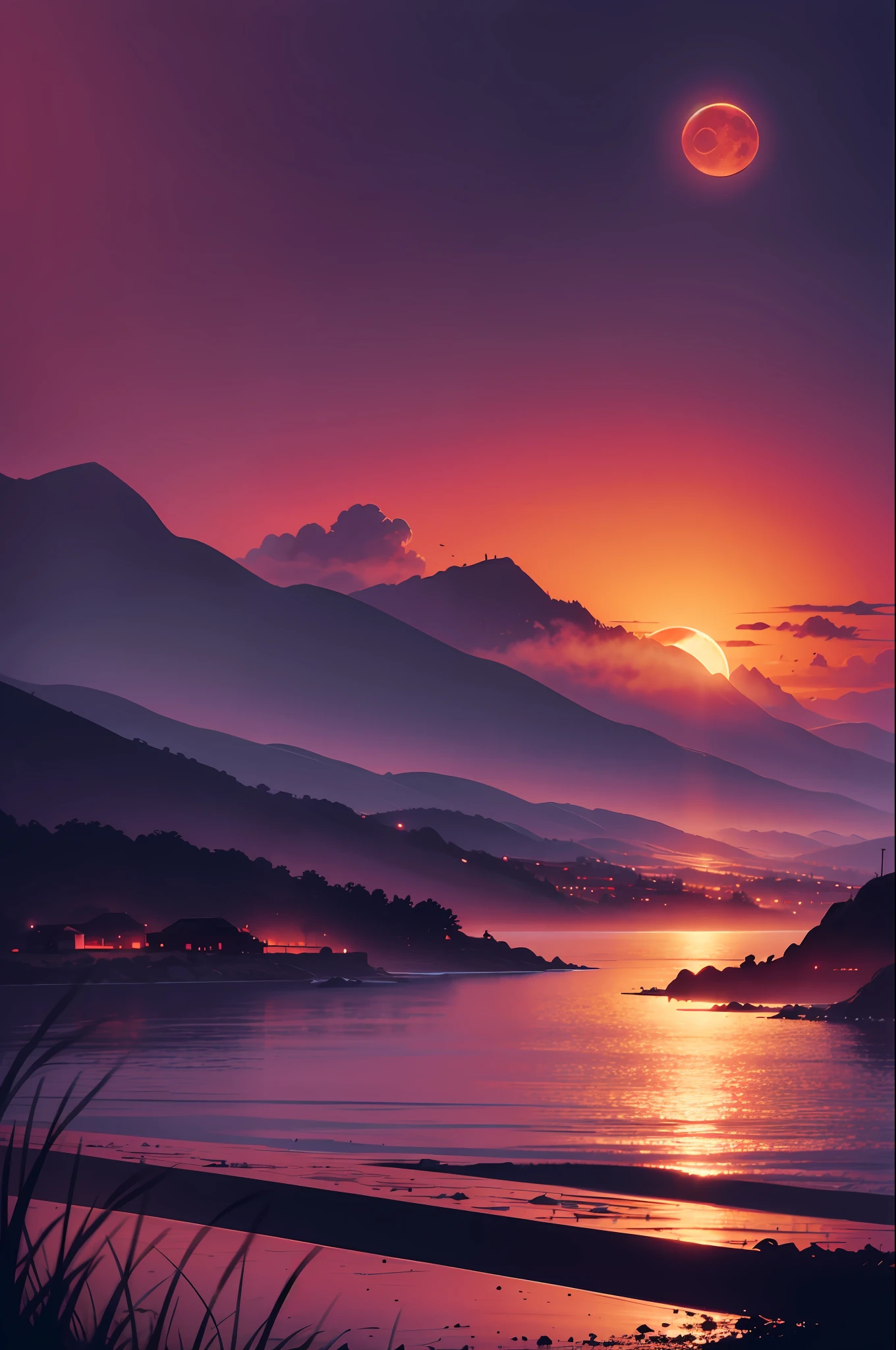 sketch,  anime key visual,  landscape of a Ultrarealistic Brutal color rural, at evening, red sunset with purple color, fade bloodmoon, The small A little mountain faded in the distance, Sketch, islandpunk, moody lighting, Oversaturated, overlapping compositions, ocean, foggy