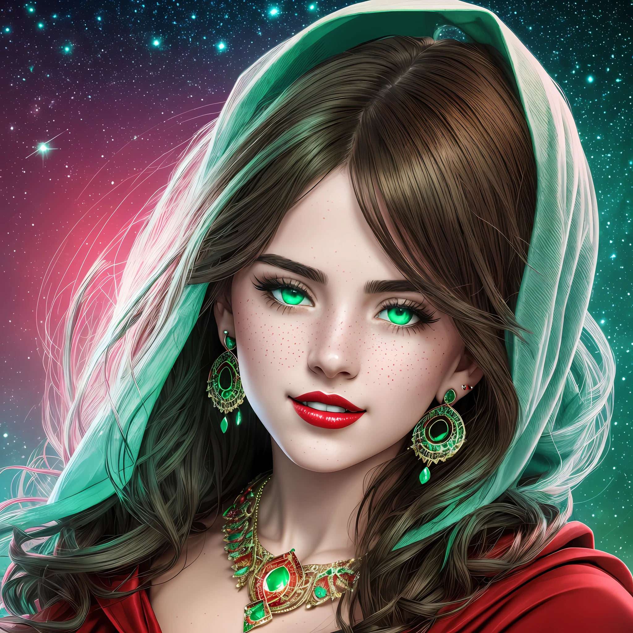 Beautiful girl with brown curly hair with sparkle, freckles on the face, shudder, long eyelashes, green solid circle eyes, brunette skin, blood red lips, light smile, large breasts, cleavage, with white green and blue, back, round ass, earrings and necklace, bracelets, ear blush, fangs, Arafed woman in a red robe with a hood over her head, detailed beauty portrait, fantasy art portrait, fantasy character portrait, fantasy genre portrait, cinematic realistic portrait, fantasy portrait, fantasy concept art portrait, cute fantasy portrait, portrait shot, up close portrait, 8k realistic digital art, realistic 8k digital art, epic fantasy art portrait, dark green eyes Surrealism, drop shadow, anaglyph, stereogram, tachi-e, pov, atmospheric perspective, 8k, super detail, accurate, best quality, night background in galaxy blurred --auto --s2