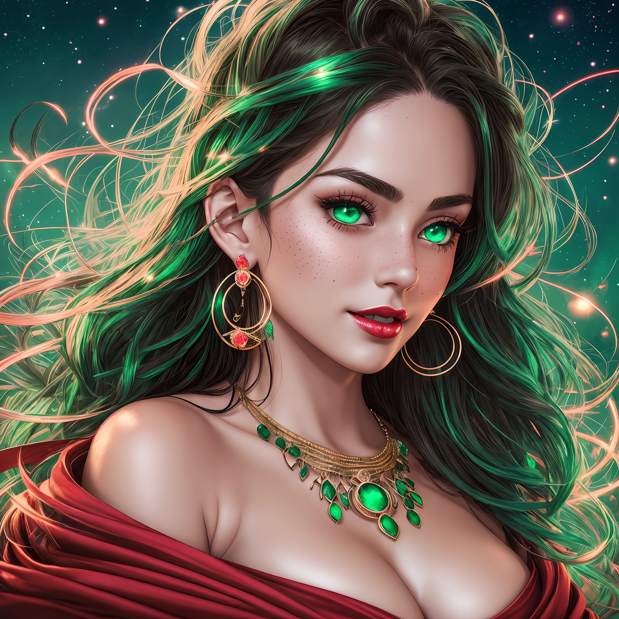 Beautiful girl with brown curly hair with sparkle, freckles on the face, shudder, long eyelashes, green solid circle eyes, brunette skin, blood red lips, light smile, large breasts, cleavage, with white green and blue, back, round ass, earrings and necklace, bracelets, ear blush, fangs, Arafed woman in a red robe with a hood over her head,  detailed beauty portrait, fantasy art portrait, fantasy character portrait, fantasy genre portrait, cinematic realistic portrait, fantasy portrait, fantasy concept art portrait, cute fantasy portrait, portrait shot, up close portrait, 8k realistic digital art, realistic 8k digital art, epic fantasy art portrait,  dark green eyes Surrealism, drop shadow, anaglyph, stereogram, tachi-e, pov, atmospheric perspective, 8k, super detail, accurate, best quality, night background in galaxy blurred --auto --s2