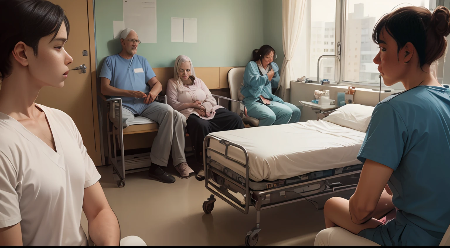 people in hospital waiting for the father who is hospitalized