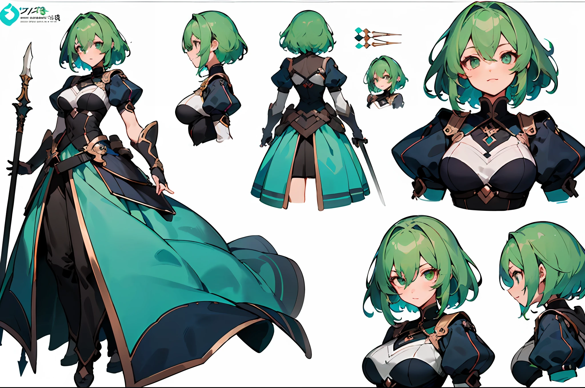 (masterpiece)),(((best quality))),((character design sheet,same character,front,side,back)),illustration,1 girl,medium hair,hair on eyes,beautiful eyes,environment Scene change, pose too, sexy big breasts female medium green hair, holding a spear, visible breasts, charturnbetalora, (simple background, white background: 1.3)