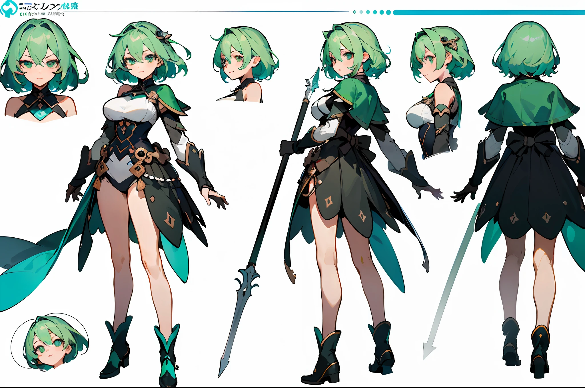 (masterpiece)),(((best quality))),((character design sheet,same character,front,side,back)),illustration,1 girl,medium hair,hair on eyes,beautiful eyes,environment Scene change, pose too, sexy big breasts female medium green hair, holding a spear, visible breasts, charturnbetalora, (simple background, white background: 1.3)