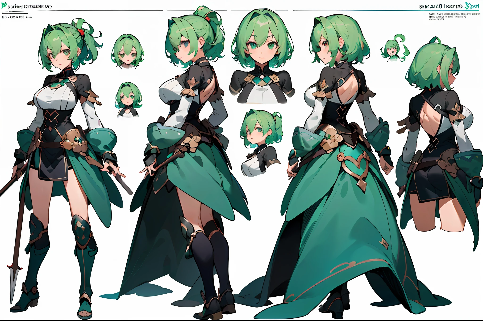 (masterpiece)),(((best quality))),((character design sheet,same character,front,side,back)),illustration,1 girl,medium hair,hair on eyes,beautiful eyes,environment Scene change, pose too, sexy big breasts female medium green hair, holding a spear, visible breasts, charturnbetalora, (simple background, white background: 1.3)