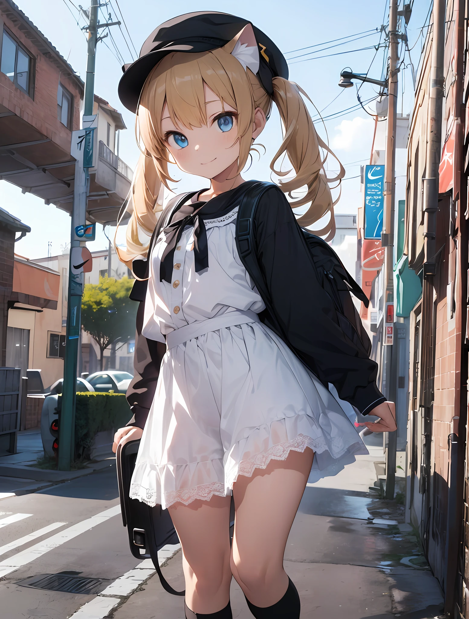 high ultra detailed,8k photo,ultra realistic, professional light,
photorealistic backgrounds, visual depth, bokeh, wide shot,full body,
((12 yo,cute,loli,small hip,flat chest,cat ear)),1girl,blonde hair,blue eye,
colored inner hair,side up short twintail,curly hair,diagonal bangs,angelic smile,
((lolita fashion:1.5, lace, frilled blouse, a white petticoat, knee-high socks,hat,Nike air force 1 sneakers))BREAK
((cat toys, stuffed toy, bagpack,skateboard)),
glowing neon-themed accessories:1.5,