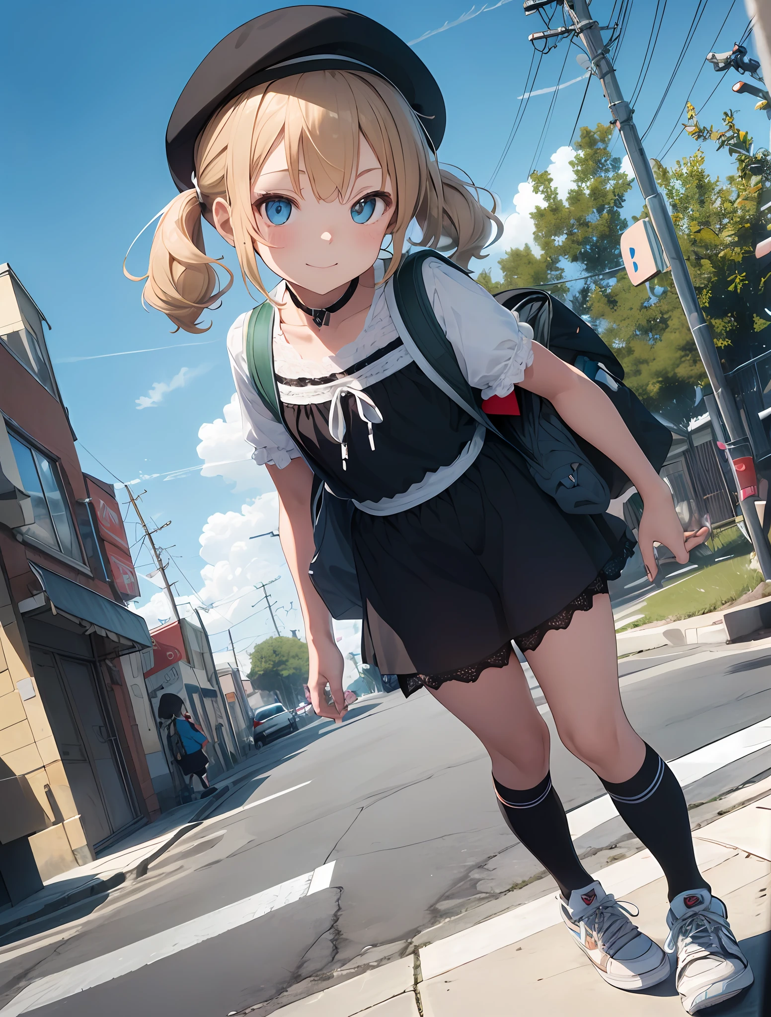 high ultra detailed,8k photo,ultra realistic, professional light,
photorealistic backgrounds, visual depth, bokeh, wide shot,full body,
((,cute,loli,small hip,flat chest,cat ear)),1girl,blonde hair,blue eye,
colored inner hair,side up short twintail,curly hair,diagonal bangs,angelic smile,
((lolita fashion:1.5, lace, frilled blouse, a white petticoat, knee-high socks,hat,Nike air force 1 sneakers))BREAK
((cat toys, stuffed toy, bagpack,skateboard)),
glowing neon-themed accessories:1.5,