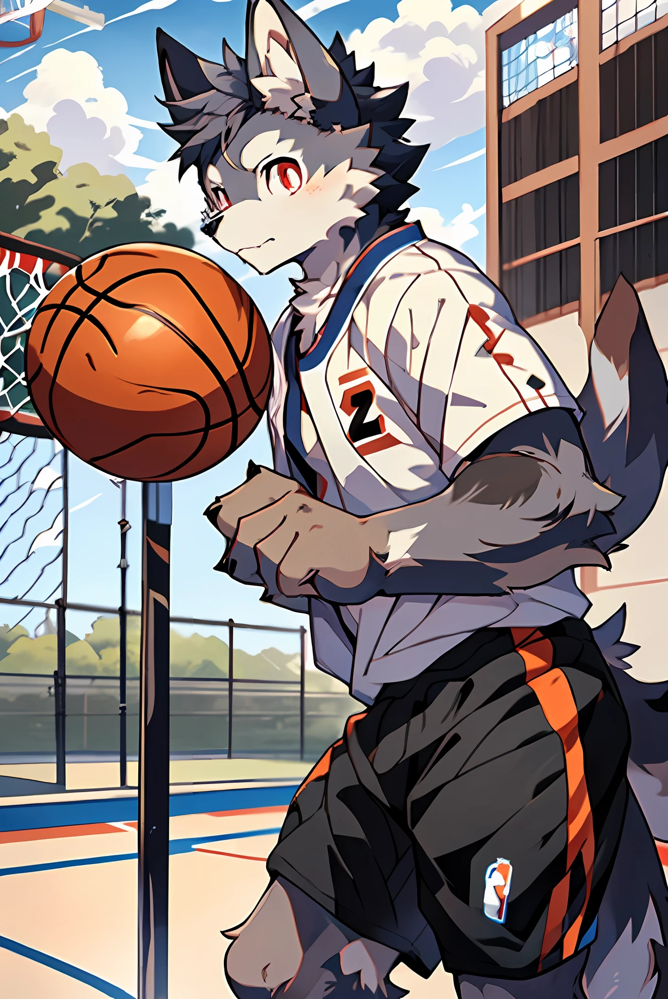 NBA,Kawhi Leonard,(basketball court:0.8),masterpiece,high quality,abstract res,digital painting\(artwork\), by dagasi, yupa,kiyosan,(anthro,fluffy fur,character focus:1.1),anthro male dog,short hair,portrait , Bright eyes, Panoramic View, Character focus.(Detailed Background:0.7), furry, Hairy Male, Male focus, anthr,(Full Body Fur, Fluffy tail, Dark black fur, red eyes, Gray hair:1.2), (Long canids、Leonard、Dark black hair,number 2、Loose shirt:1.2),(outdoor、Daytime、basketball court、Basketball:1.1),furry,#00131B,Serious expression,Basketball action