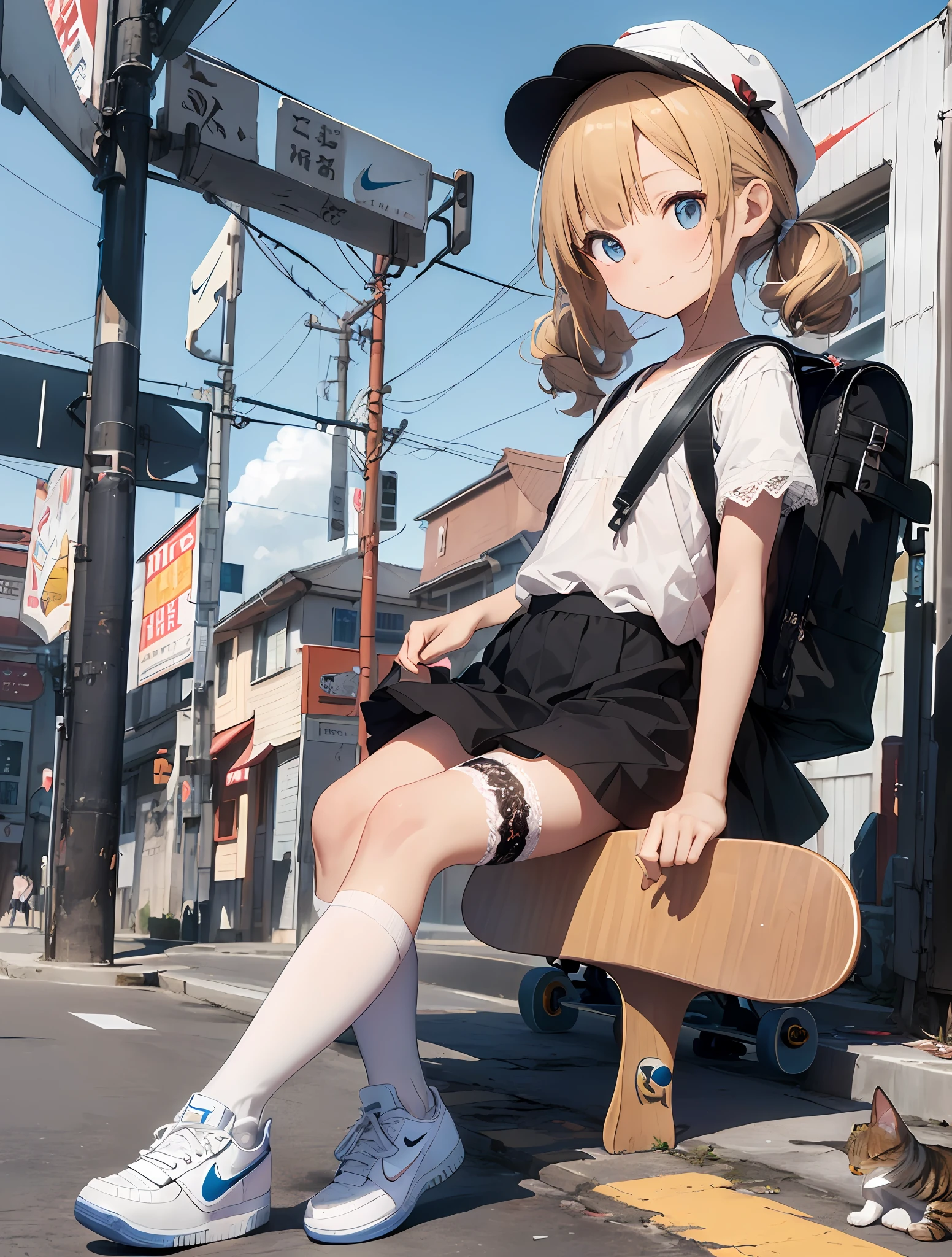 high ultra detailed,8k photo,ultra realistic, professional light,
photorealistic backgrounds, visual depth, bokeh, wide shot,full body,
((12 yo,cute,loli,small hip,flat chest,cat ear)),1girl,blonde hair,blue eye,
colored inner hair,side up short twintail,curly hair,diagonal bangs,angelic smile,
((lolita fashion:1.5, lace, frilled blouse, a white petticoat, knee-high socks,hat,Nike air force 1 sneakers))BREAK
((cat toys, stuffed toy, bagpack,skateboard)),
glowing neon-themed accessories:1.5,