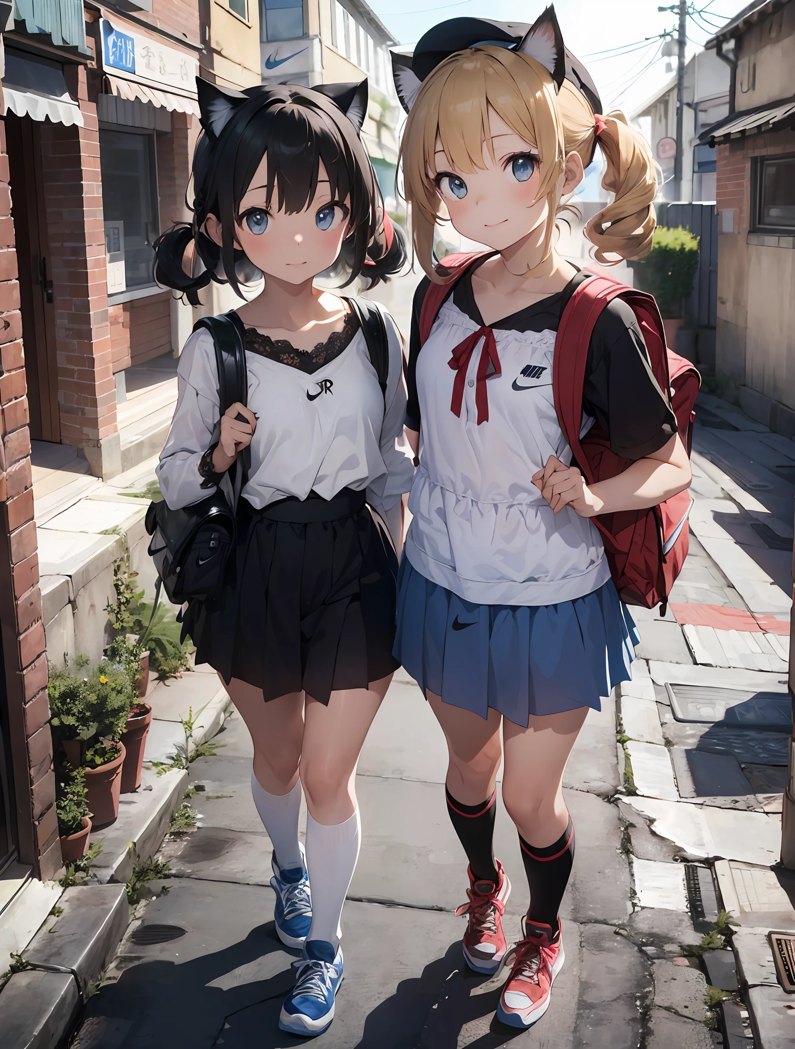 high ultra detailed,8k photo,ultra realistic, professional light,
photorealistic backgrounds, visual depth, bokeh, wide shot,full body,
((12 yo,cute,loli,small hip,flat chest,cat ear)),1girl,blonde hair,blue eye,
colored inner hair,side up short twintail,curly hair,diagonal bangs,angelic smile,
((lolita fashion:1.5, lace, frilled blouse, a white petticoat, knee-high socks,hat,Nike air force 1 sneakers))BREAK
((cat toys, stuffed toy, bagpack,skateboard)),
glowing neon-themed accessories:1.5,