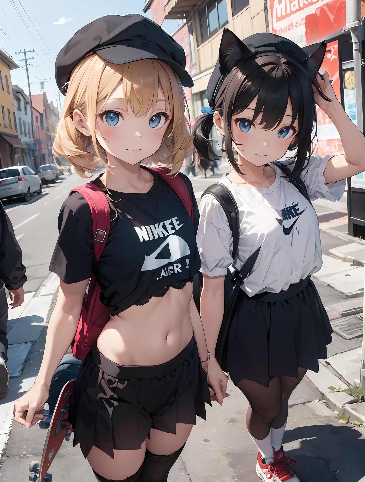 high ultra detailed,8k photo,ultra realistic, professional light,
photorealistic backgrounds, visual depth, bokeh, wide shot,full body,
((12 yo,cute,loli,small hip,flat chest,cat ear)),1girl,blonde hair,blue eye,
colored inner hair,side up short twintail,curly hair,diagonal bangs,angelic smile,
((lolita fashion:1.5, lace, frilled blouse, a white petticoat, knee-high socks,hat,Nike air force 1 sneakers))BREAK
((cat toys, stuffed toy, bagpack,skateboard)),
glowing neon-themed accessories:1.5,