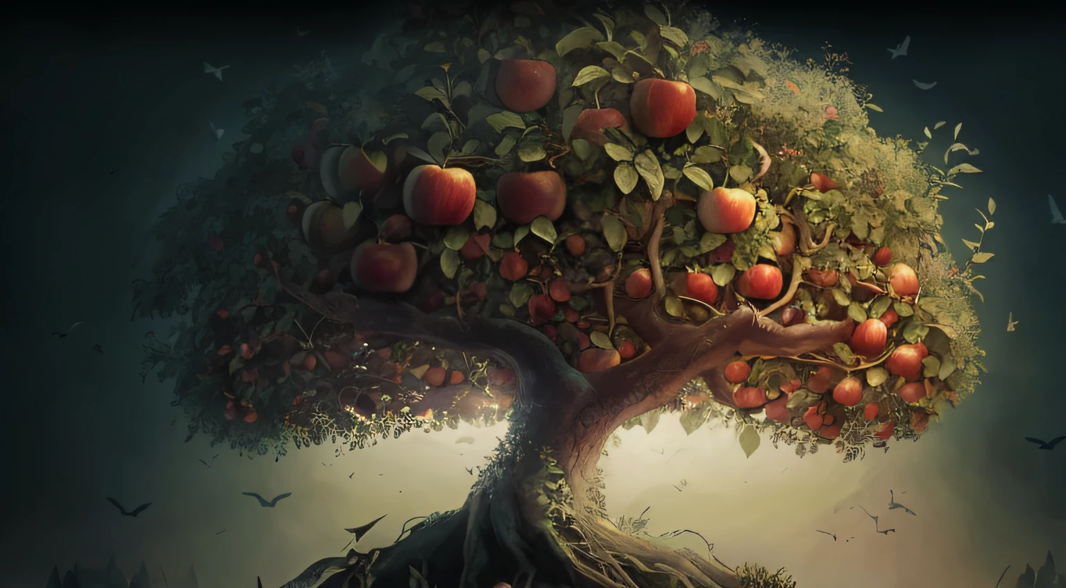 there is a tree with apples growing on it in the middle of a field, background artwork, apple tree, fantasy tree, yggdrasil, by Adam Marczyński, highly detailed digital artwork, the tree of life, tree of life seed of doubt, detailed digital artwork, tree of life, rendered art, overdetailed digital art, apple trees
