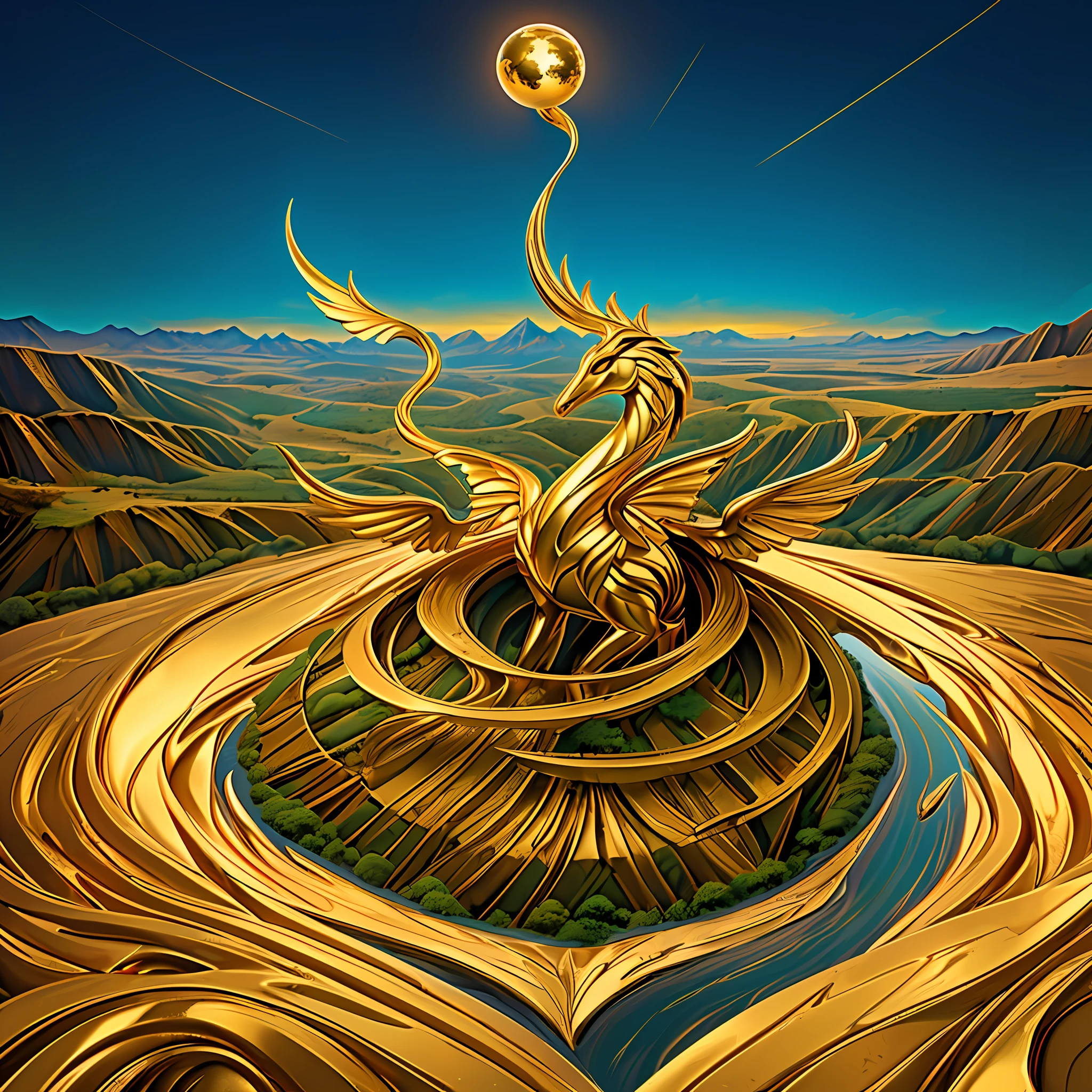 In this innovative and surreal illustration, a golden world unfolds before the viewer's eyes. The landscapes exhibit an intense golden glow, with sparkling mountains and rivers of liquid gold. Mythical creatures adorned with exotic jewels soar through the skies, adding a touch of mystery and charm to this alternate reality.